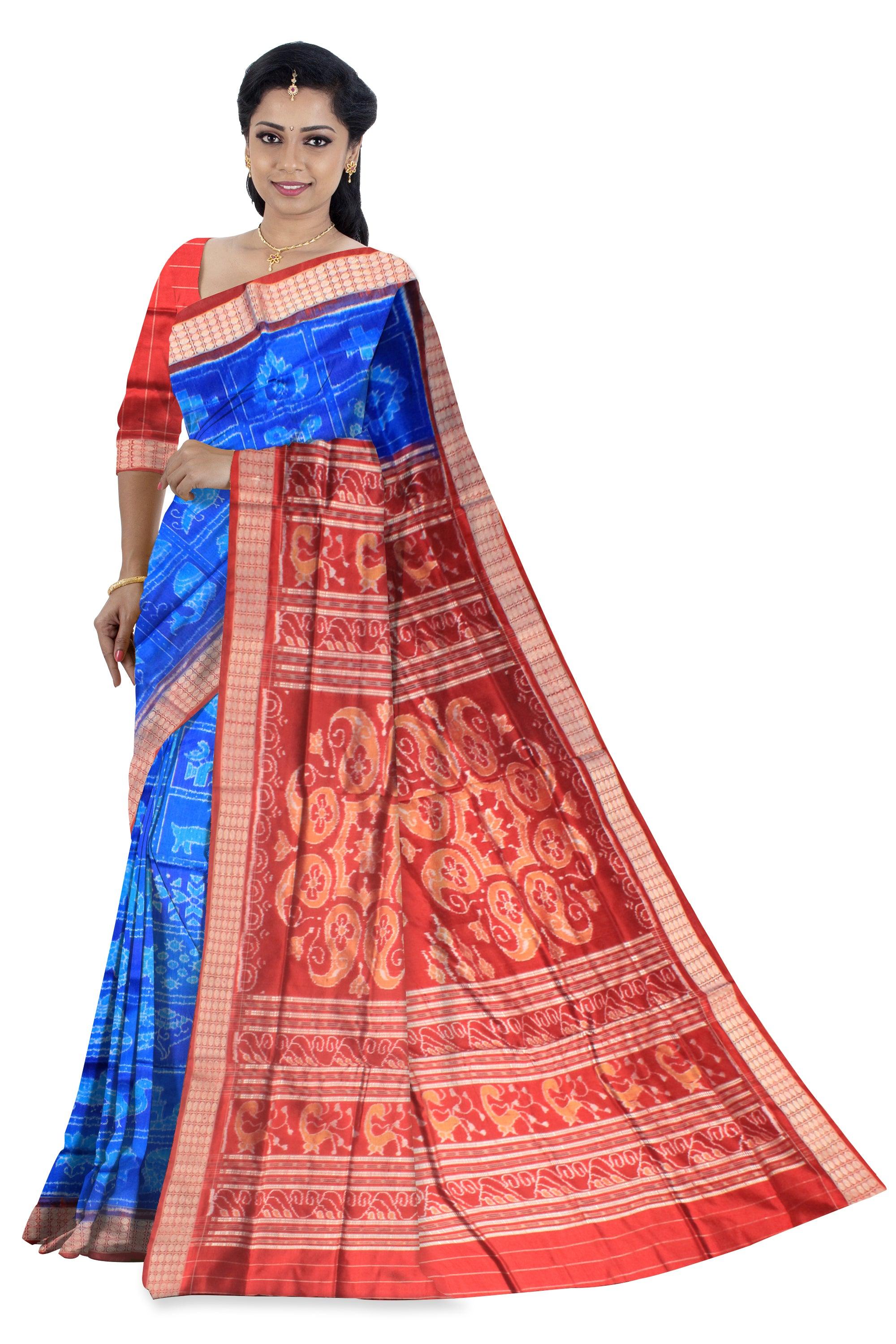 Full Body Boxes Pattern Pata Saree In Red And Maroon Color., Party