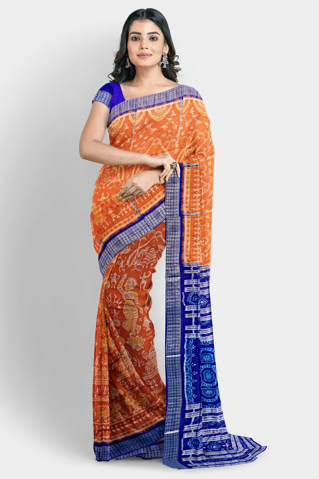 A yellow and blue pure Pata saree with a Nartaki body pattern, temple, elephant, palm tree motifs, and blue fish pallu design.