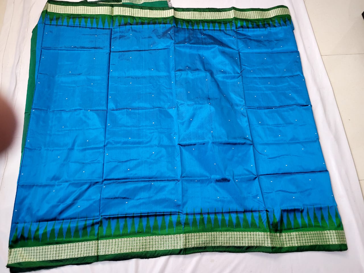 A serene sky blue and green silk patta saree with a plain body adorned with floral designs, complemented by a floral pallu.