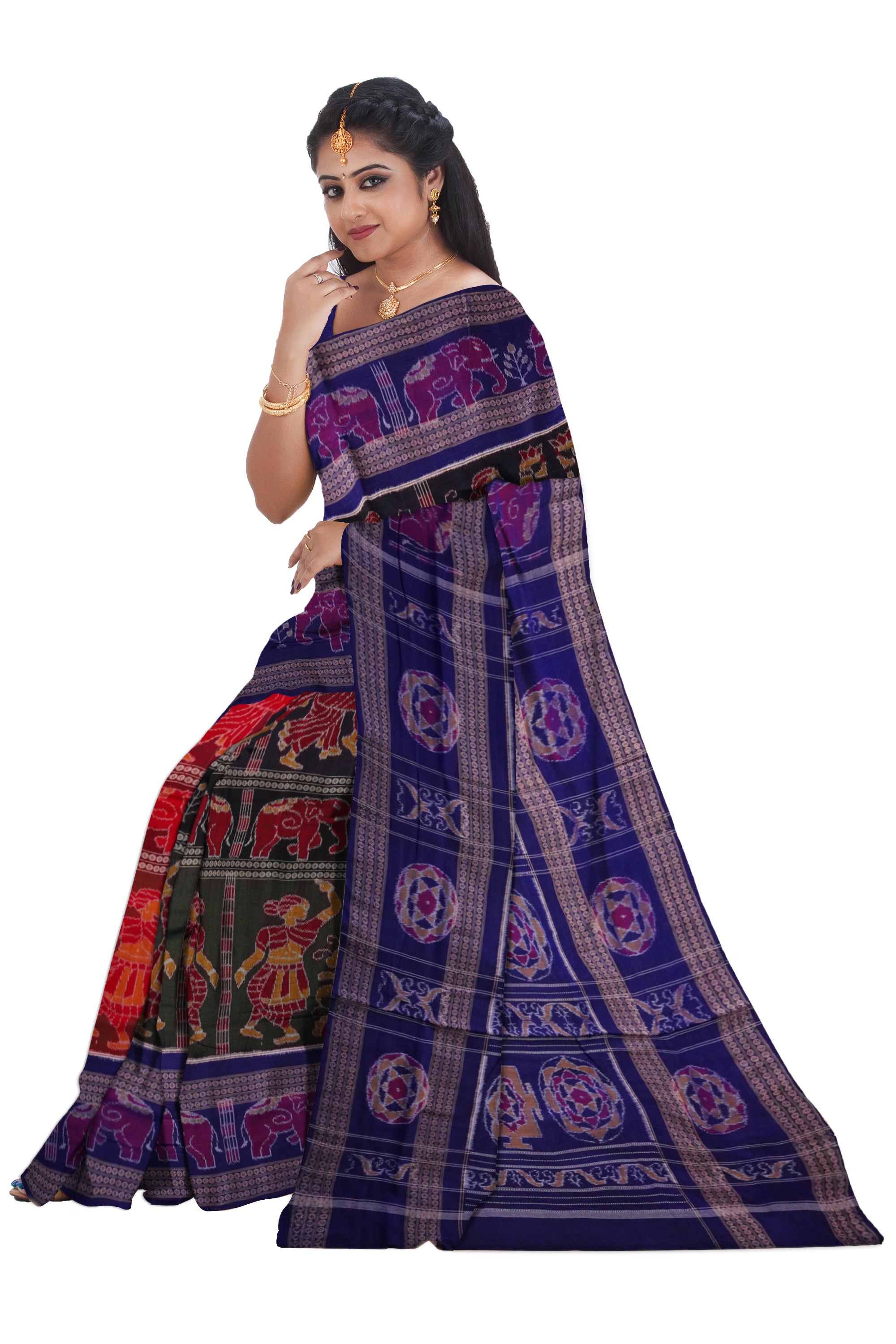 Nartaki and Elephant design full body work with big border in Maroon, Black, Mehndi and Blue color Sambalpuri cotton saree.r - Koshali Arts & Crafts Enterprise