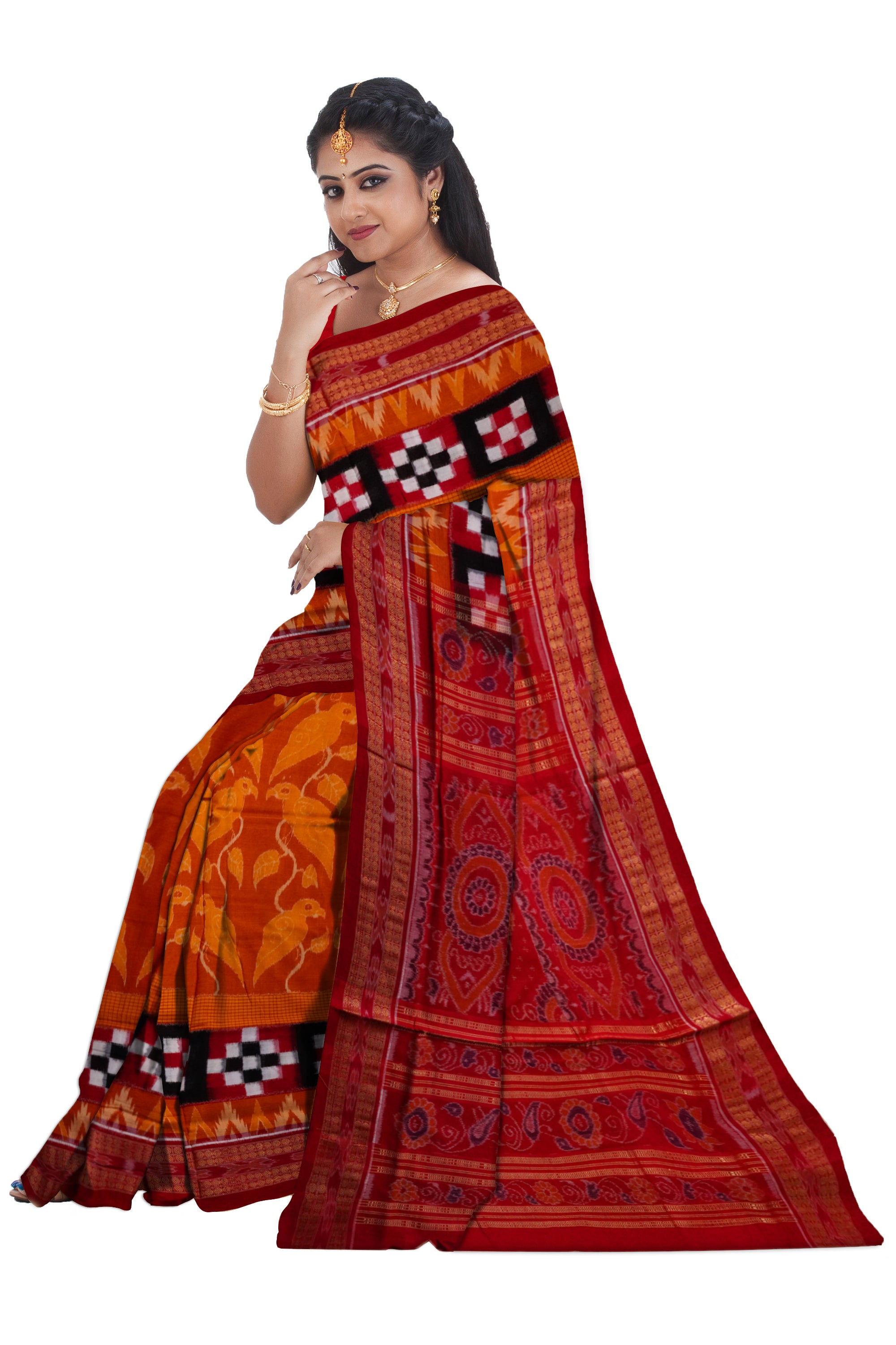 Yellow and Red color parrot design Sambalpuri pure cotton saree. - Koshali Arts & Crafts Enterprise