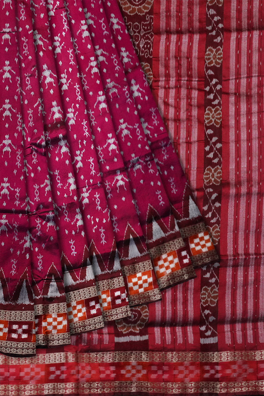 Pink and Maroon color Terracotta with Pasapali pattern Sambalpuri pata saree. - Koshali Arts & Crafts Enterprise