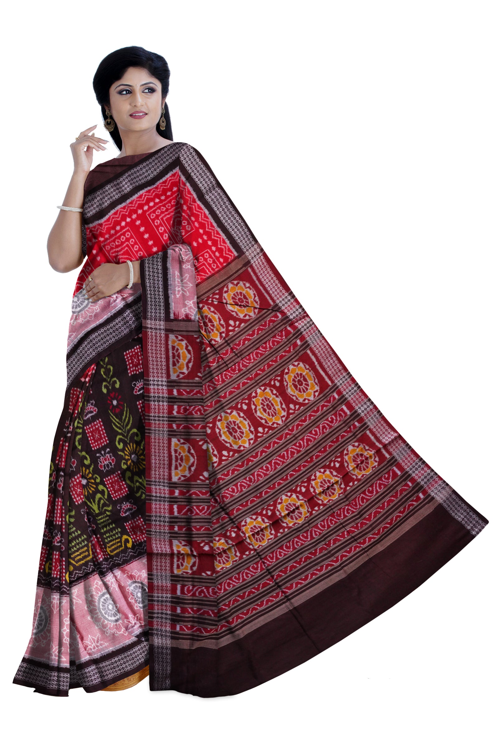 Ghamla Design Sambalpuri Pure Cotton Saree In Coffee, Maroon And Baby