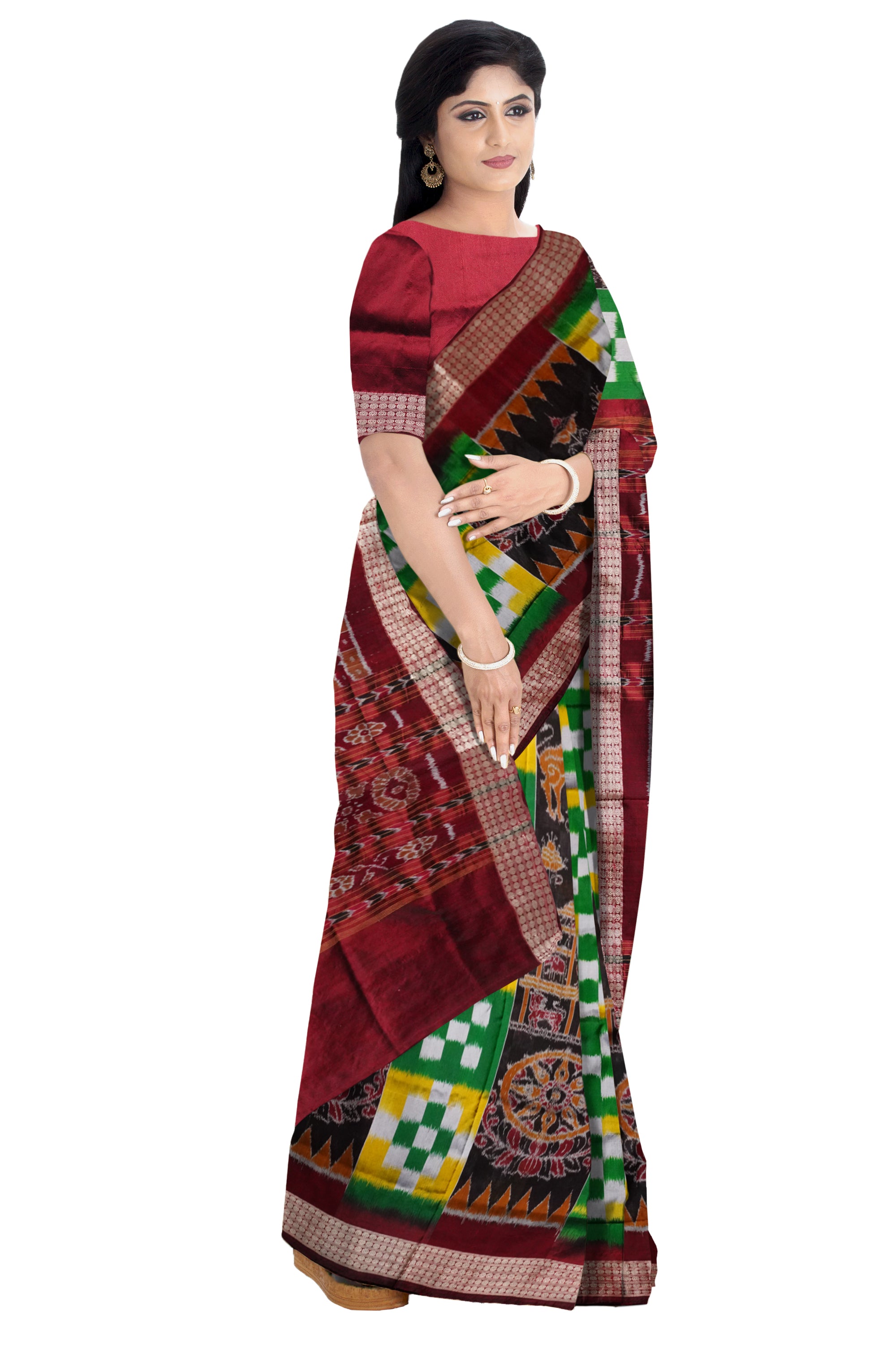 Bomkai bandha silk Sambalpuri Pata saree (Maroon, Yellow) - Swadeshi Dhaaga  | स्वदेशी धागा