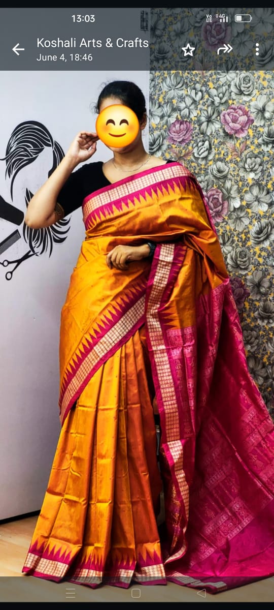 Pallu flowers pattern plain pata saree is Yellow and Pink color base.