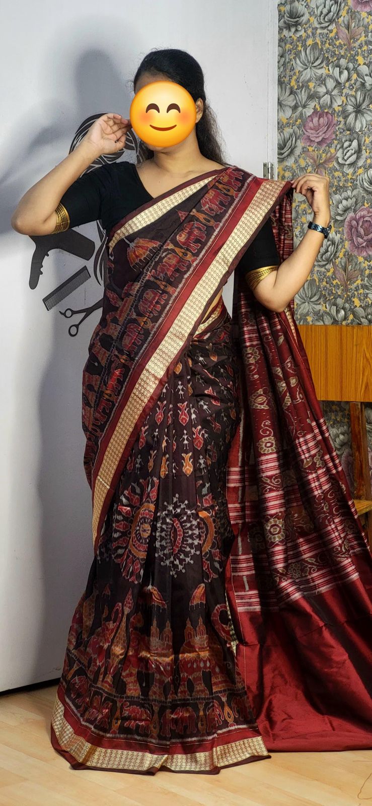 Exclusive coffee and maroon patta saree with elephant, marriage motifs, and floral pallu design.