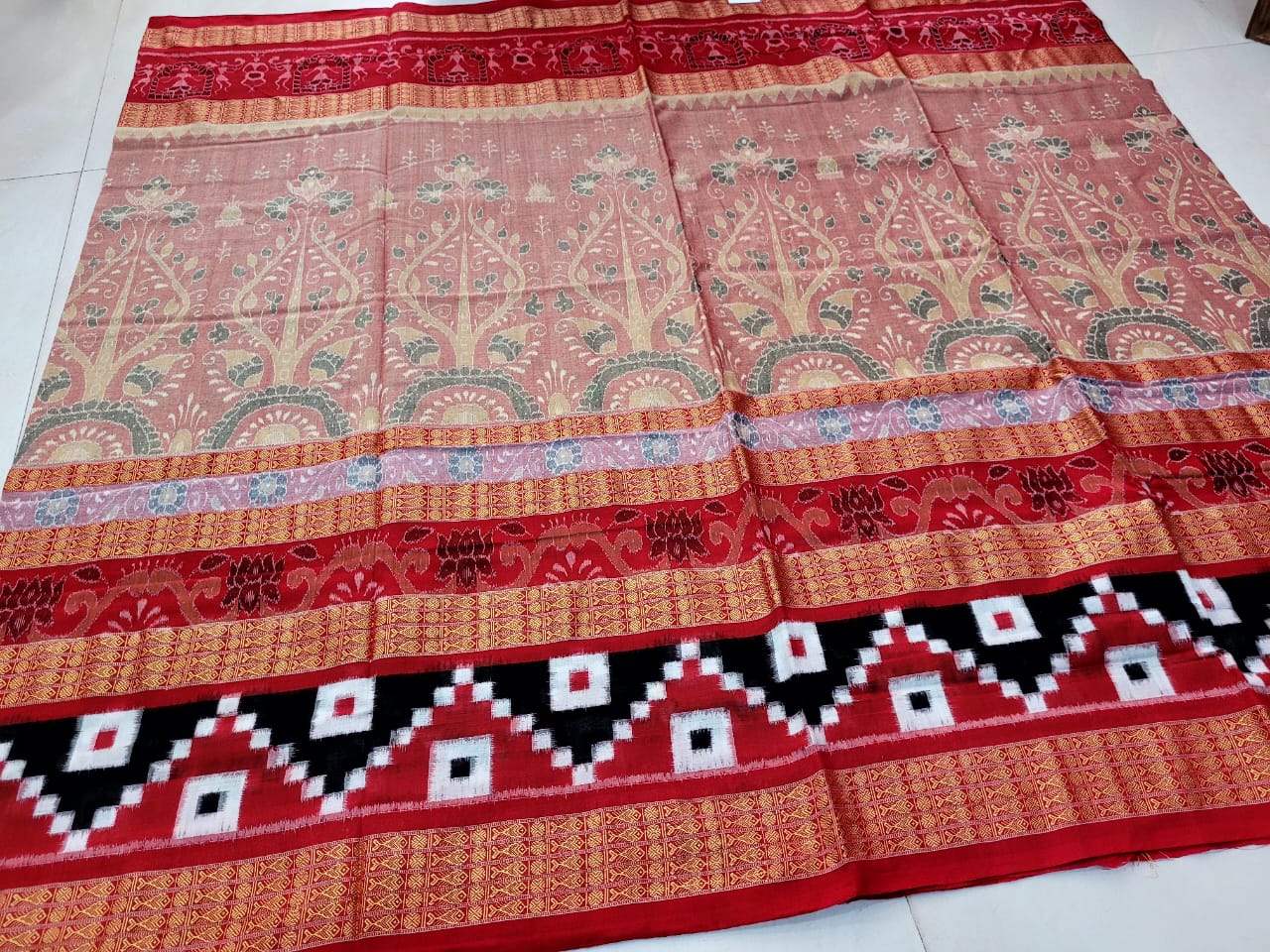 "Handwoven Lovable pink Red and Black Sambalpuri Half tissue silk saree with bandha pallu, complemented by a matching blouse piece. Elegant and traditional.