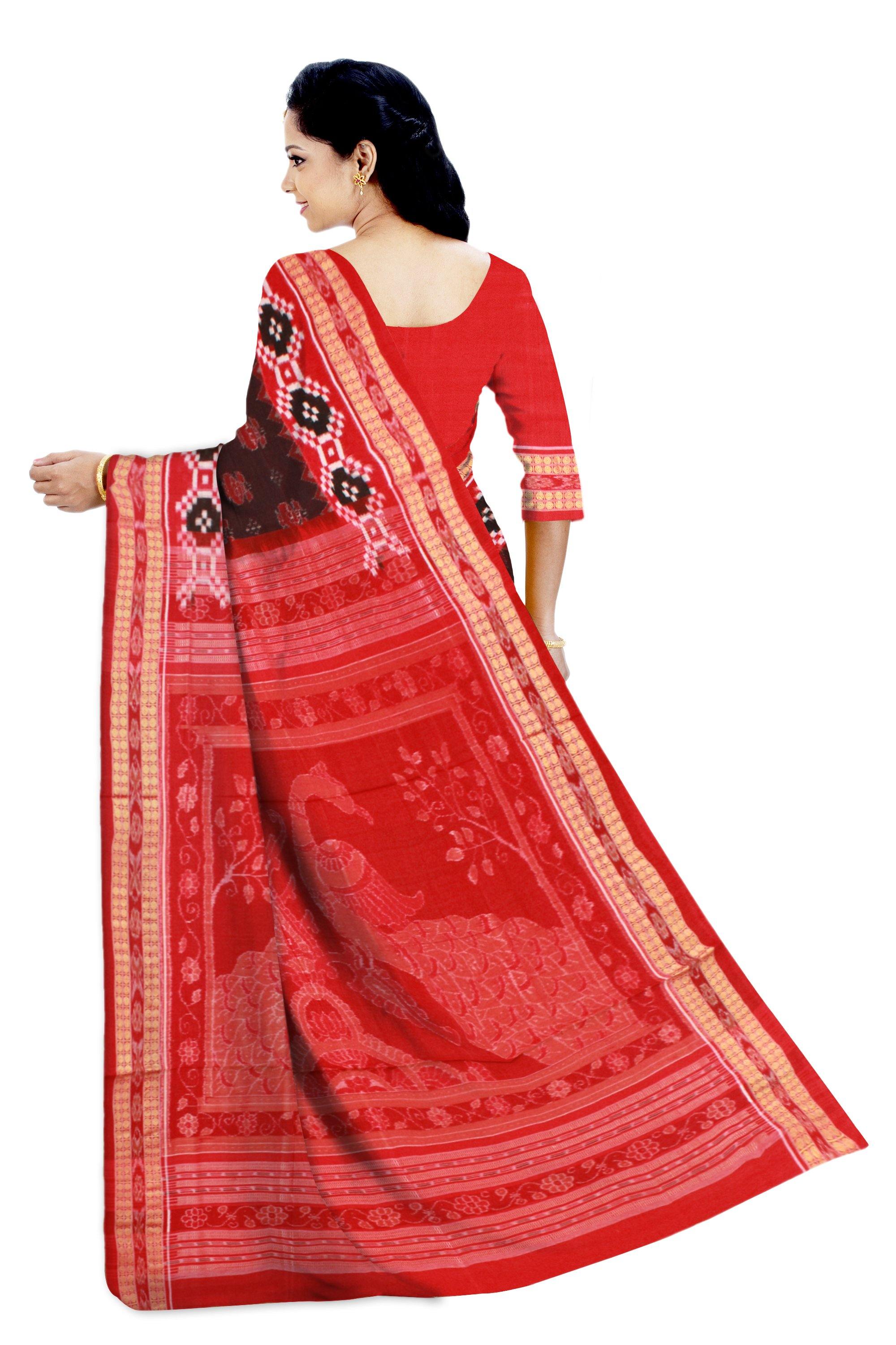 Sambalpuri cotton Ikat saree in blown and red color and Pasapali border. Available with blouse piece. - Koshali Arts & Crafts Enterprise