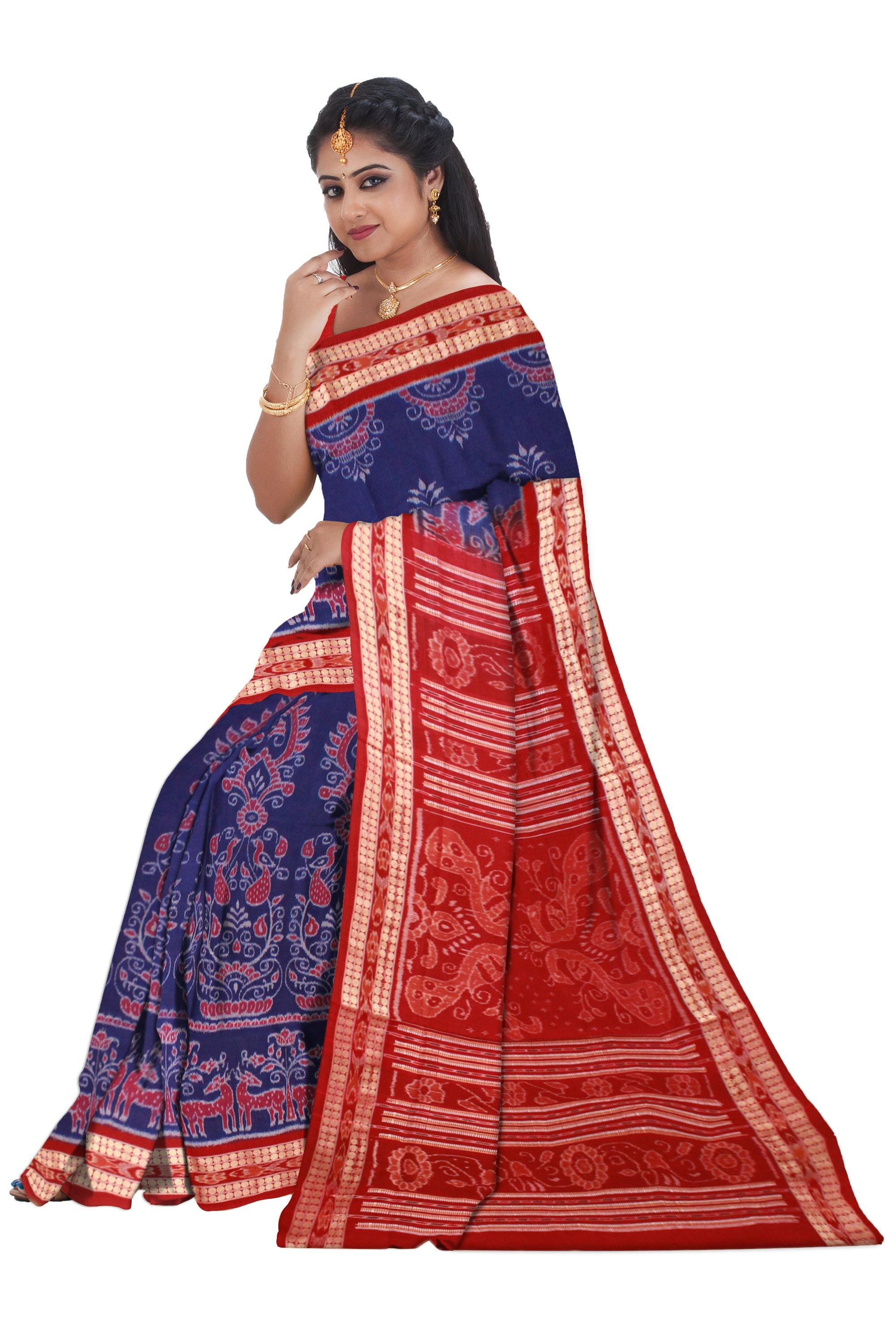 Blue color Flora print Sambalpuri cotton Ikat saree with blouse piece. - Koshali Arts & Crafts Enterprise
