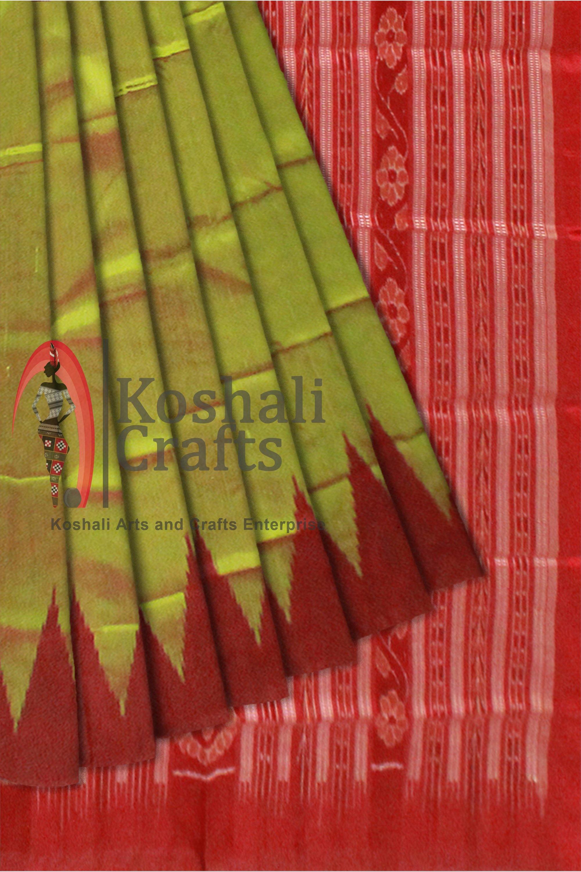 Green color Kumbha design Sambalpuri Pata saree with Blouse piece. - Koshali Arts & Crafts Enterprise