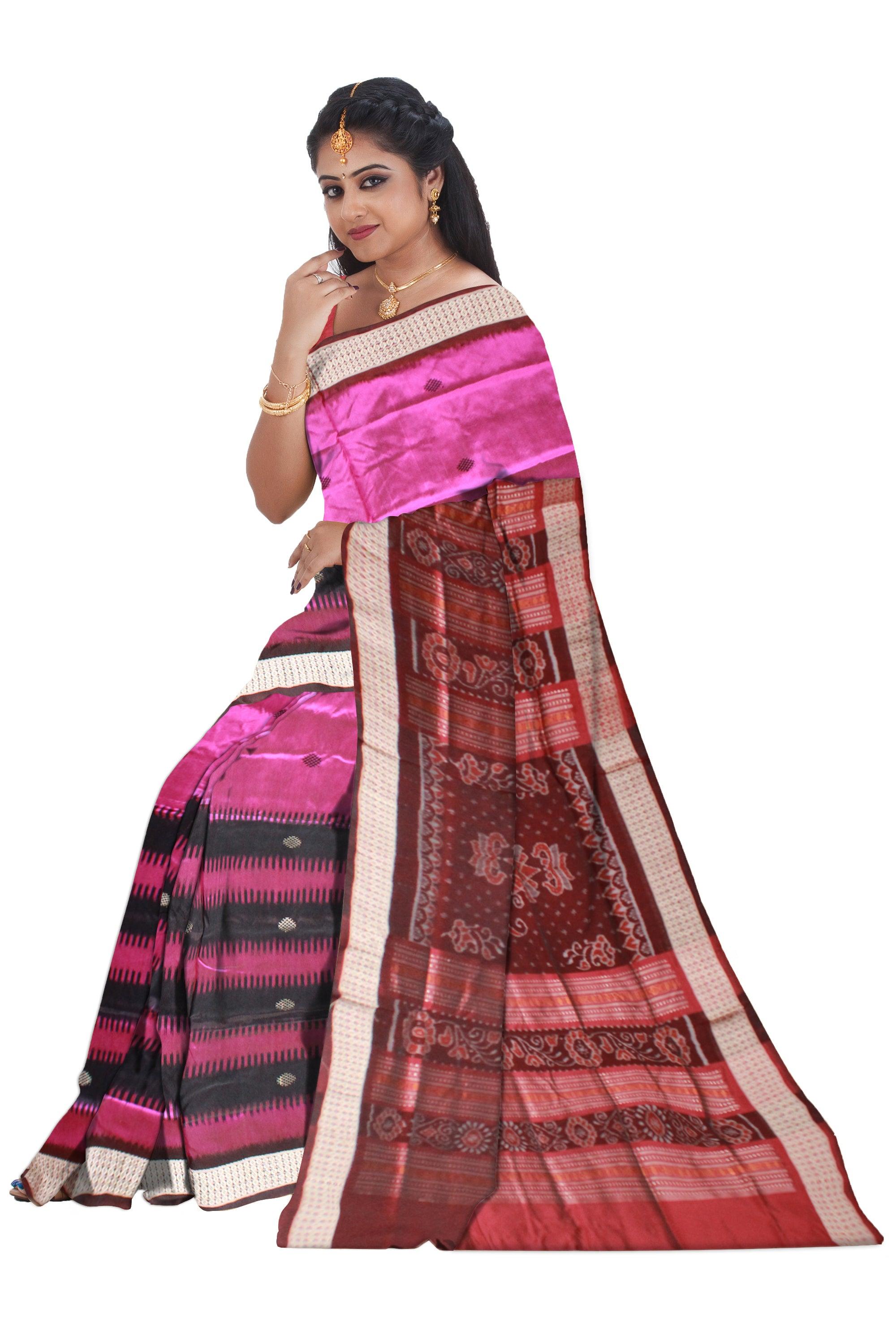 Pink Sambalpuri pata saree with black lining and Blouse piece available. - Koshali Arts & Crafts Enterprise