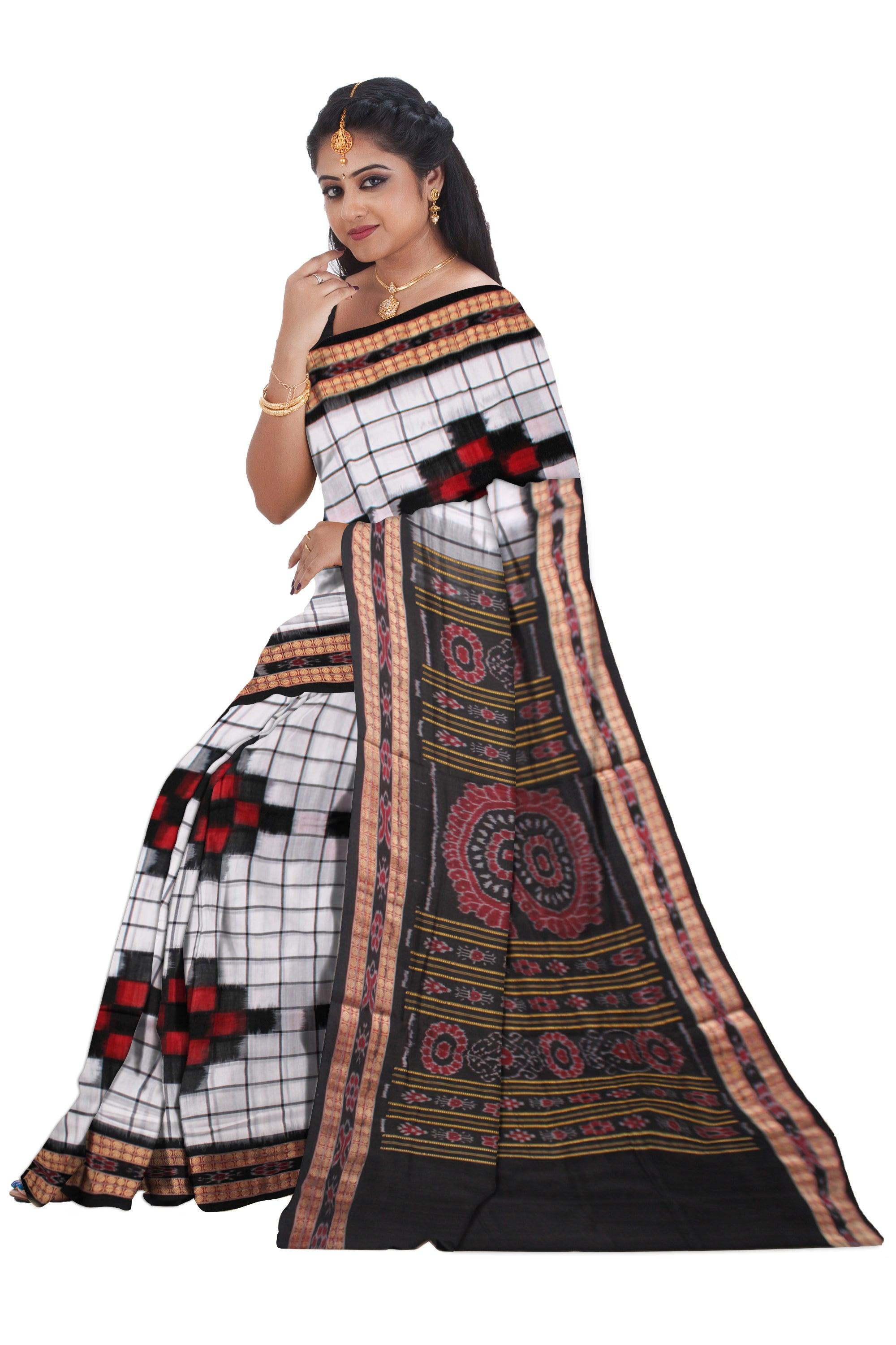 LATEST BIG PASAPALI PATTERN COTTON SAREE IS WHITE WITH BLACK AND RED COLOR BASE, ATTACHED WITH BLOUSE PIECE. - Koshali Arts & Crafts Enterprise