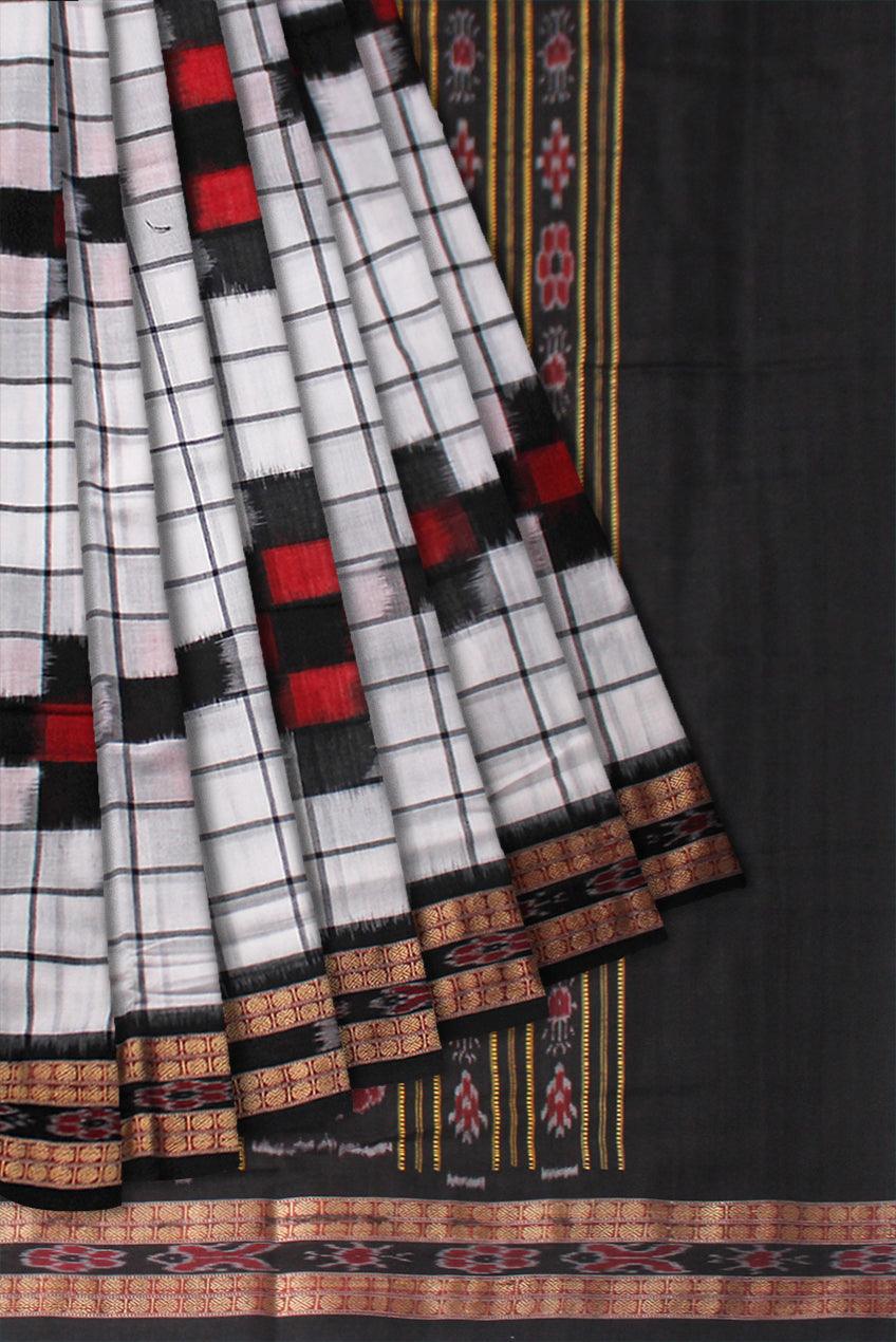 LATEST BIG PASAPALI PATTERN COTTON SAREE IS WHITE WITH BLACK AND RED COLOR BASE, ATTACHED WITH BLOUSE PIECE. - Koshali Arts & Crafts Enterprise