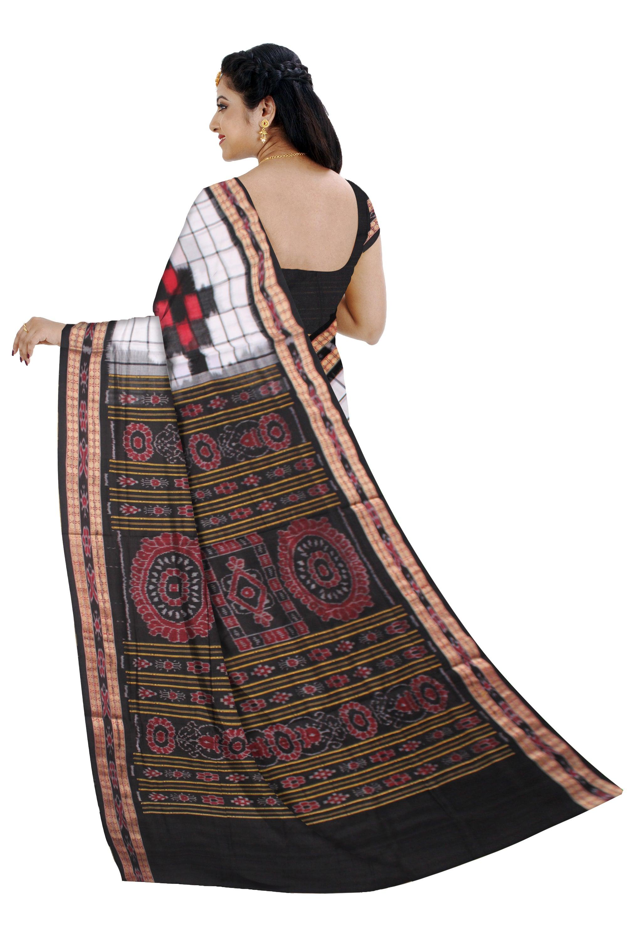 LATEST BIG PASAPALI PATTERN COTTON SAREE IS WHITE WITH BLACK AND RED COLOR BASE, ATTACHED WITH BLOUSE PIECE. - Koshali Arts & Crafts Enterprise