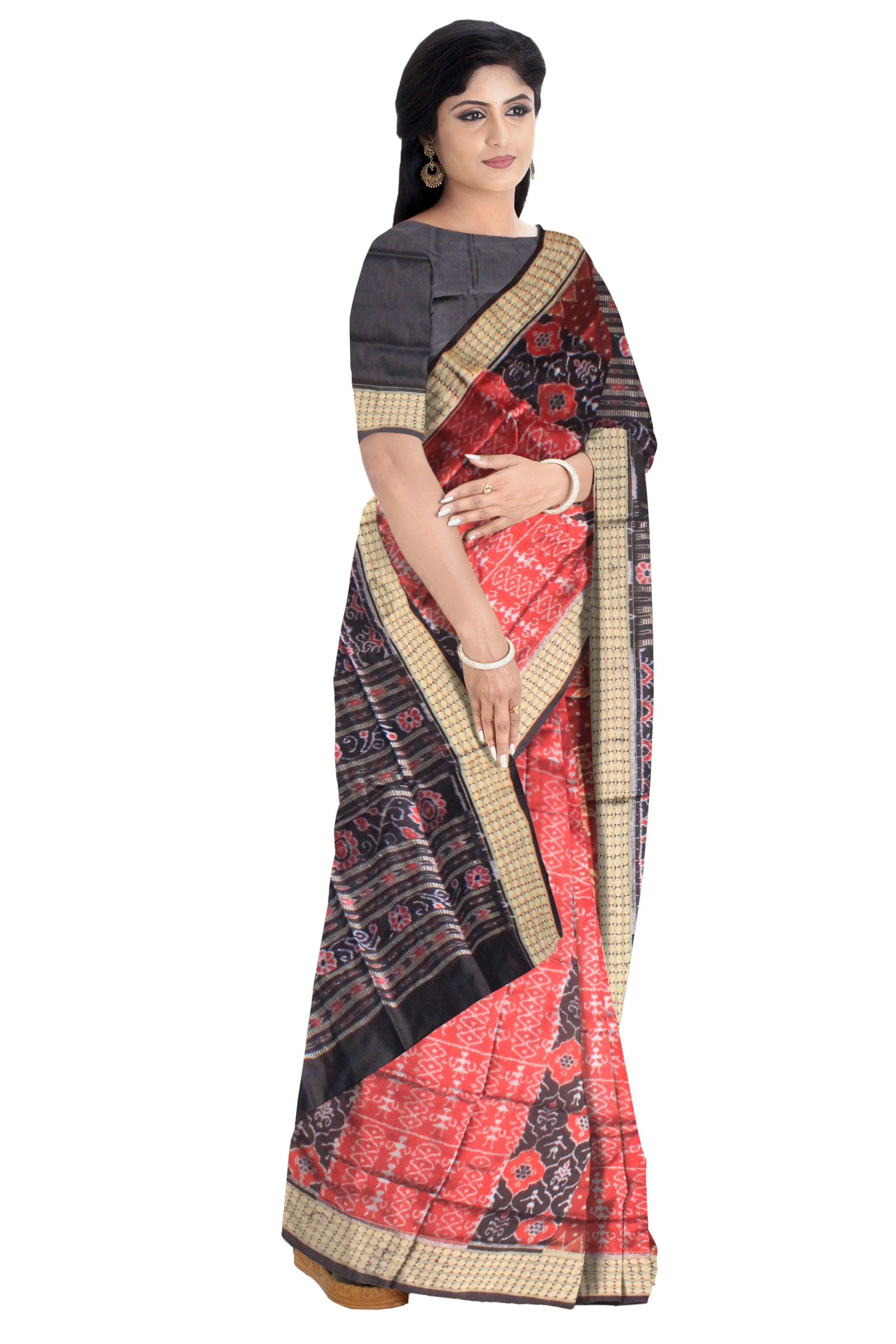 New Design ikat pattern Sambalpuri Pata Saree in  black and maroon  Color base ,b with black blouse piece . - Koshali Arts & Crafts Enterprise