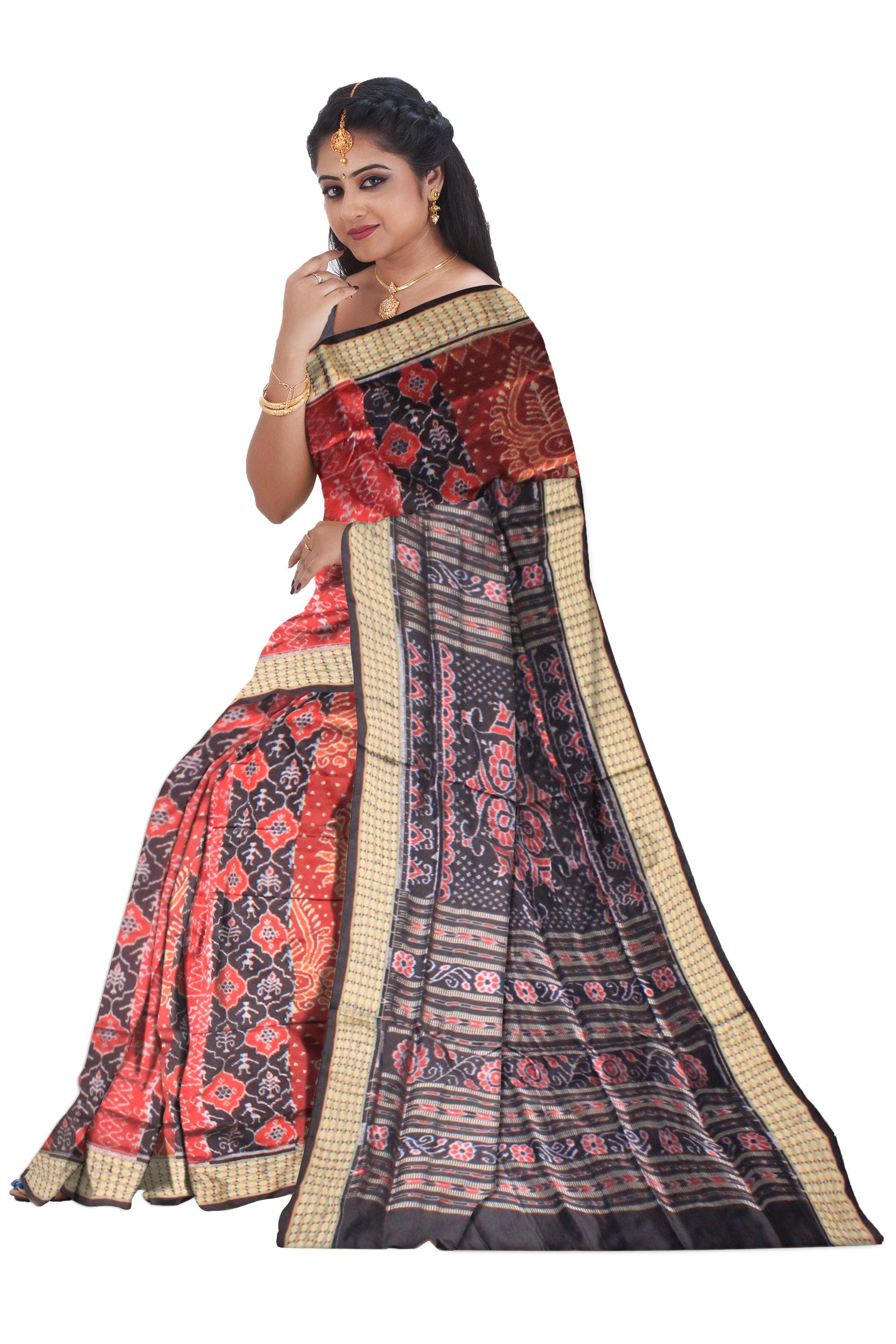 New Design ikat pattern Sambalpuri Pata Saree in  black and maroon  Color base ,b with black blouse piece . - Koshali Arts & Crafts Enterprise