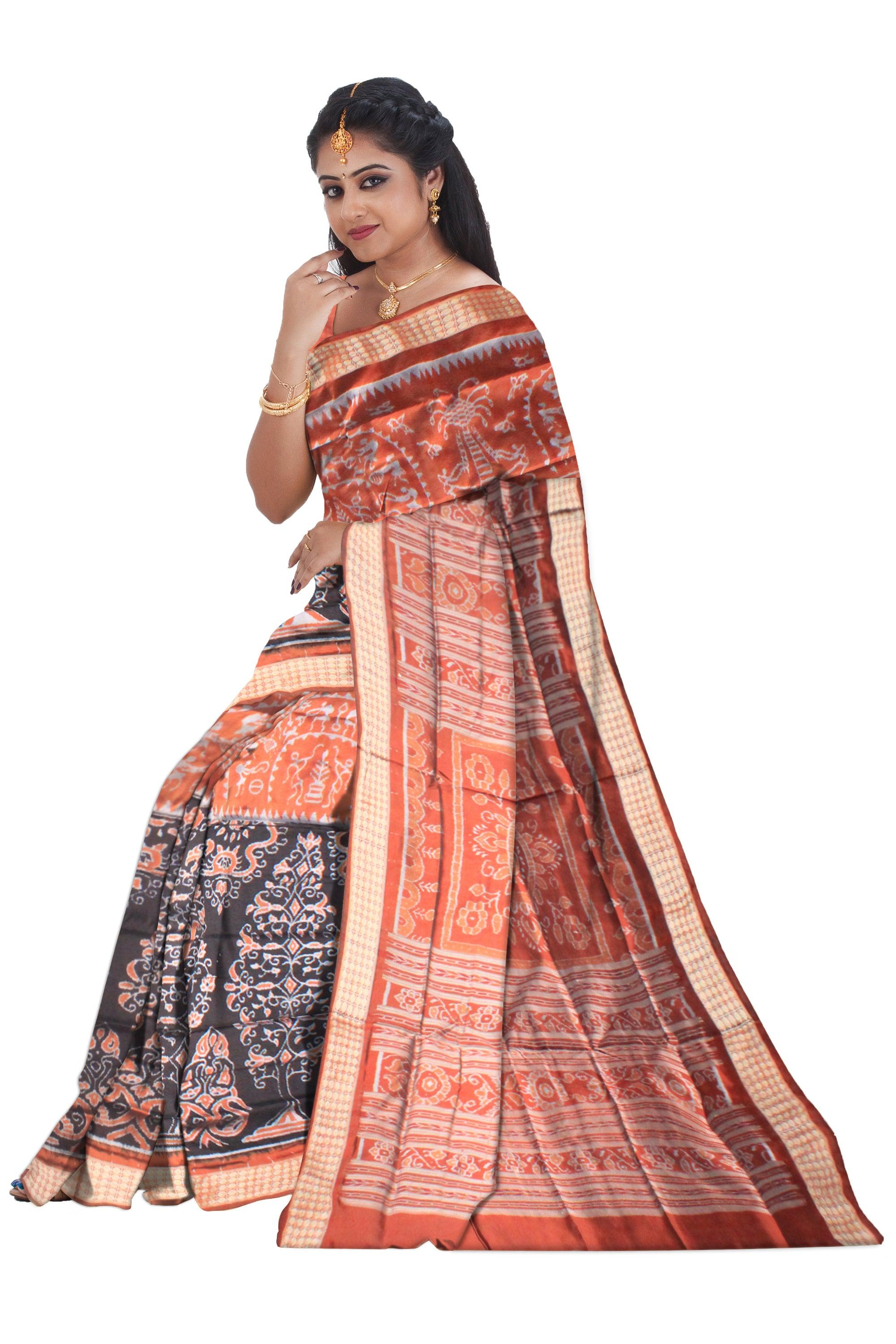 Latest design orange and black color pata saree  with blouse piece. - Koshali Arts & Crafts Enterprise