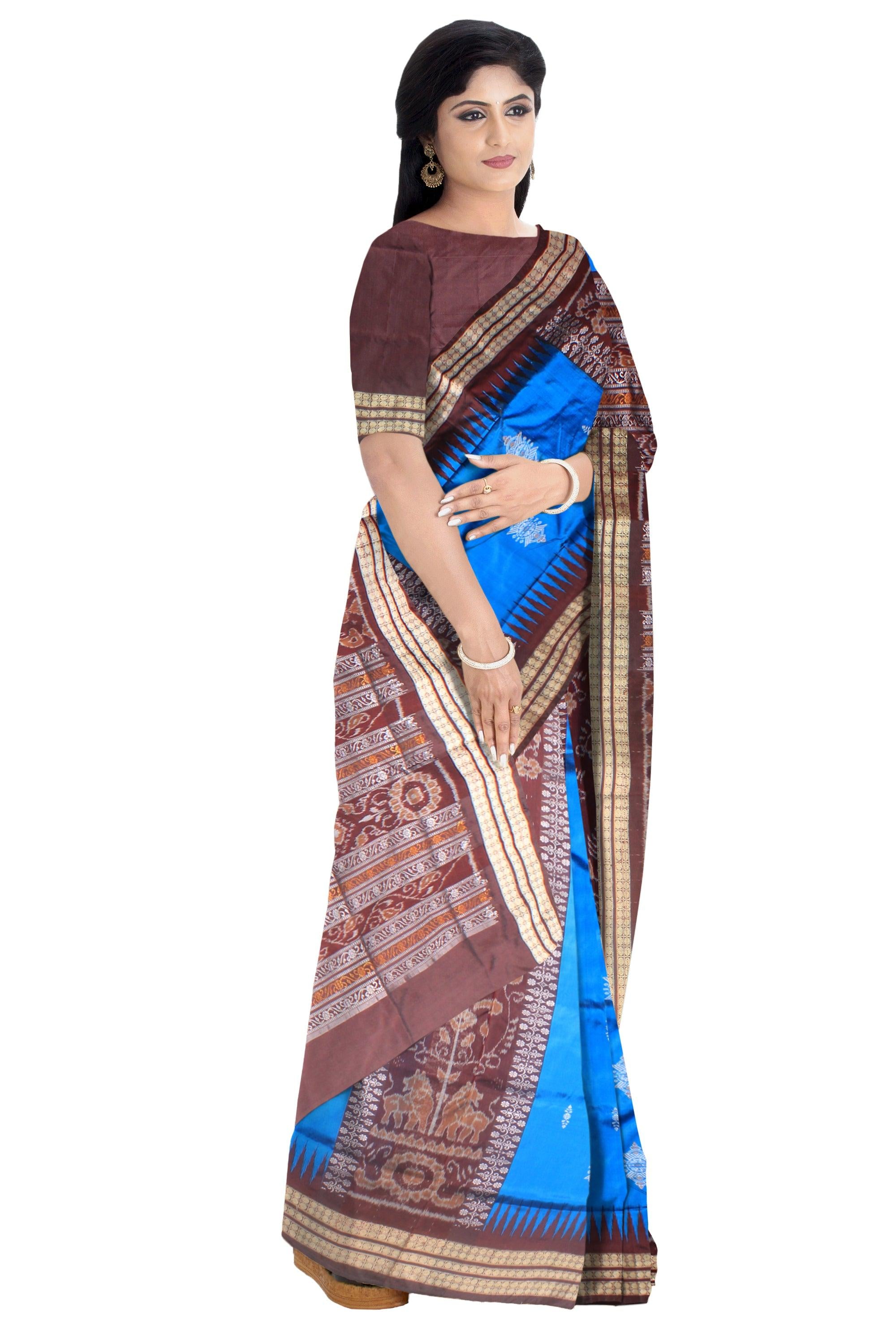 A sambalpuri saree in blue and coffee color  base , with blouse piece. - Koshali Arts & Crafts Enterprise