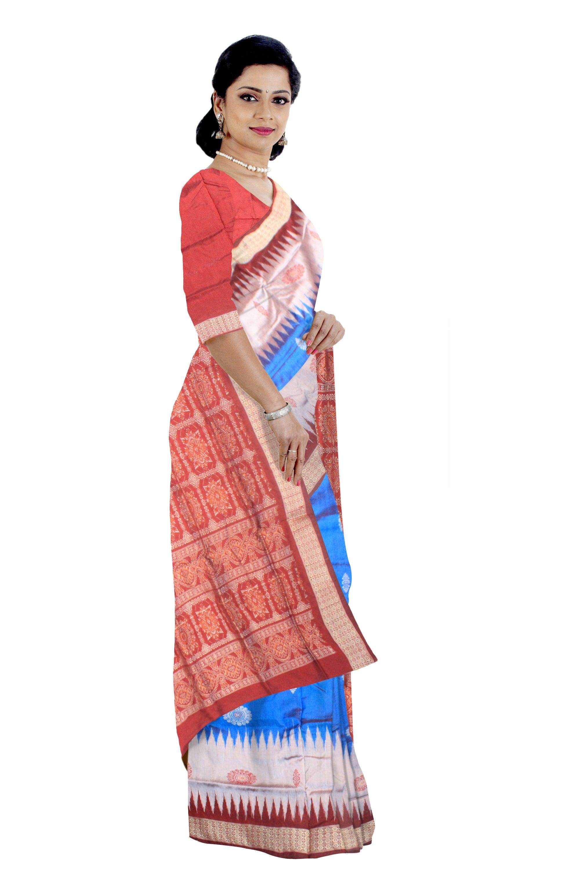 A sambalpuri pata saree is maroon , dark blue and silver color base, with blouse piece. - Koshali Arts & Crafts Enterprise