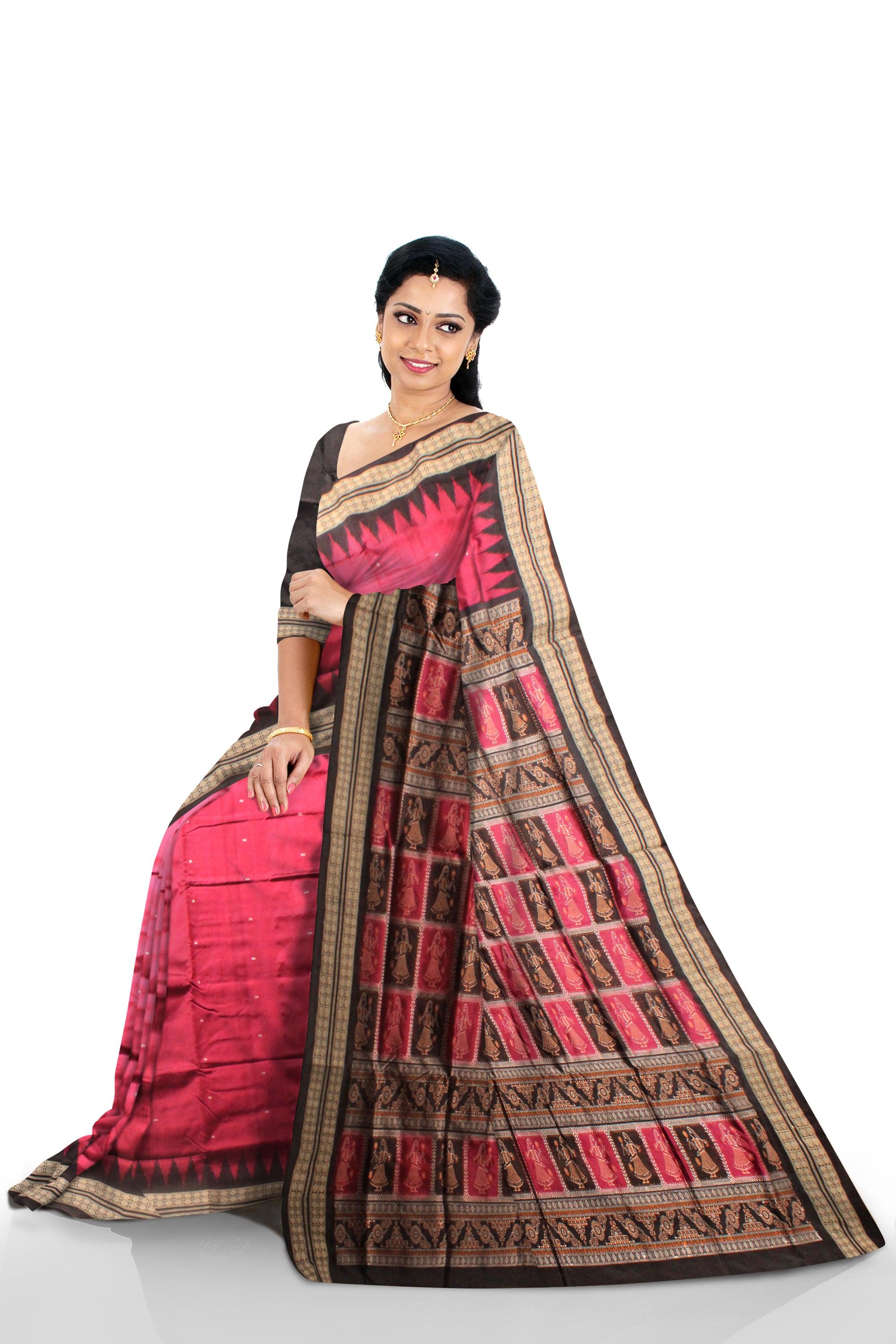 Booty pattern and doll printed sambalpuri pata saree in dark pink and black color, with blouse piece. - Koshali Arts & Crafts Enterprise