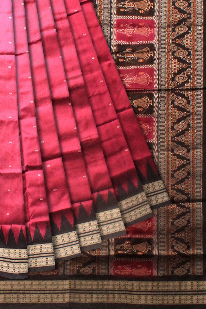 Booty pattern and doll printed sambalpuri pata saree in dark pink and black color, with blouse piece. - Koshali Arts & Crafts Enterprise