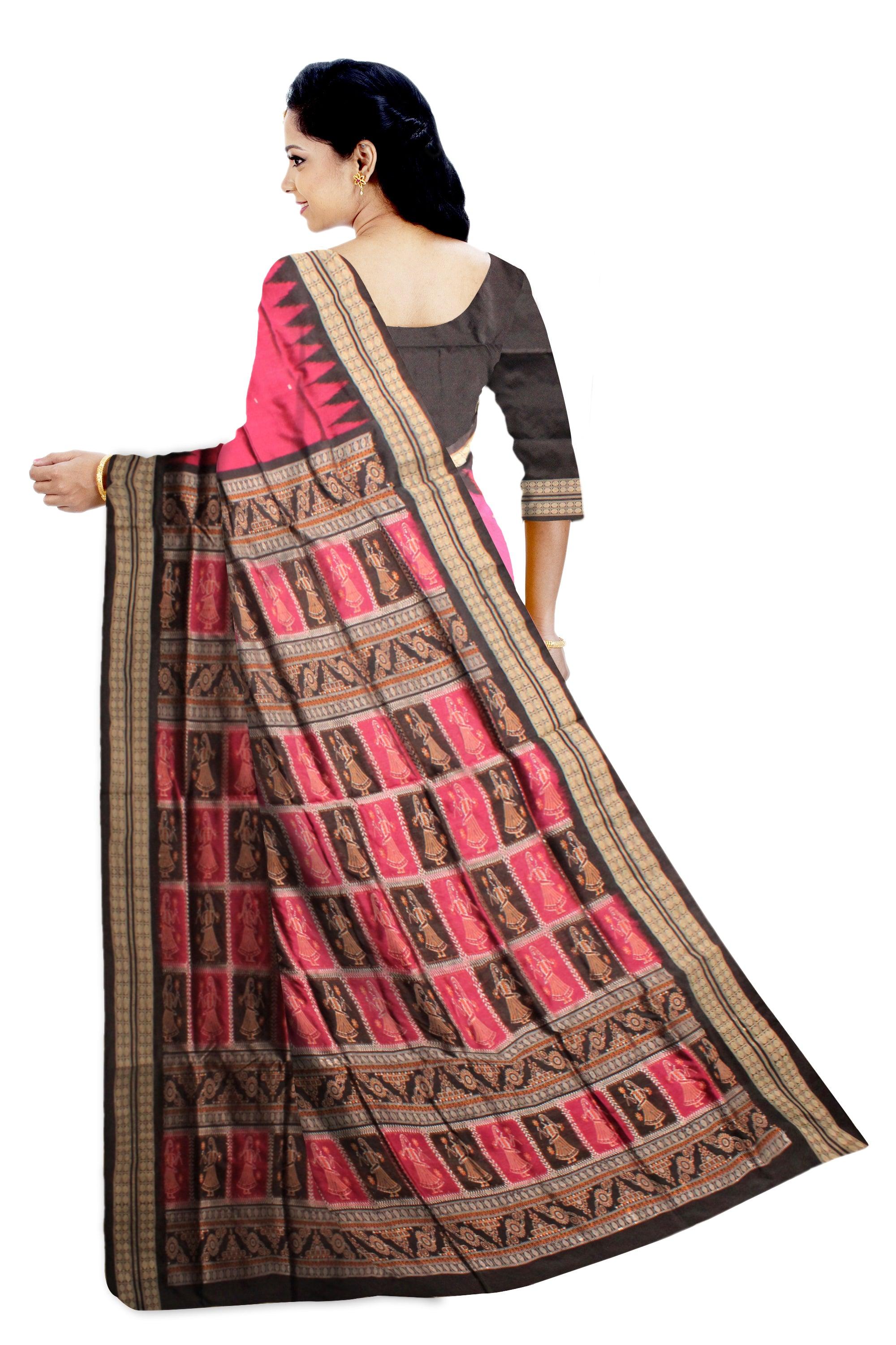 Booty pattern and doll printed sambalpuri pata saree in dark pink and black color, with blouse piece. - Koshali Arts & Crafts Enterprise