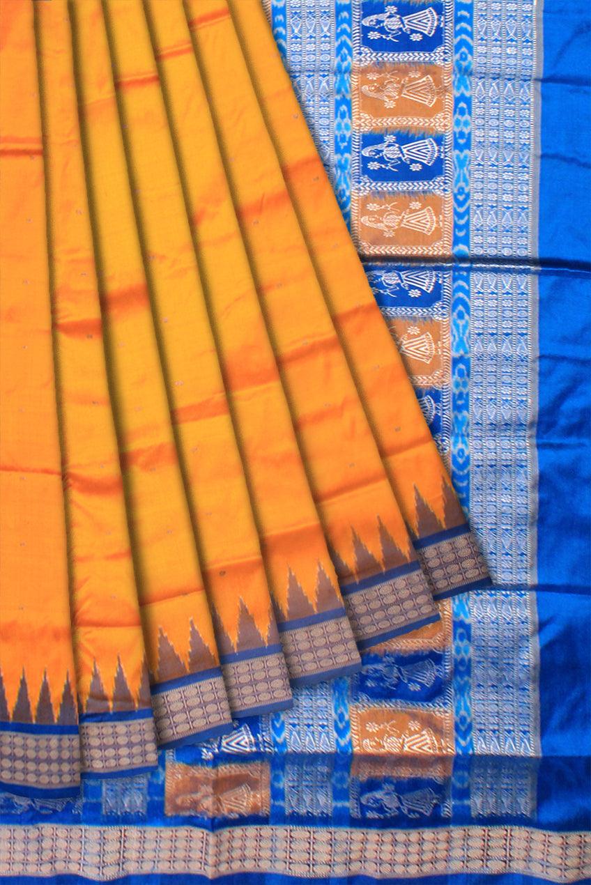 YELLOW( DANDELION) AND SKY COLOR BOOTY PATTERN PURE PATA SAREE, ATTACHED WITH BLOUSE PIECE. - Koshali Arts & Crafts Enterprise