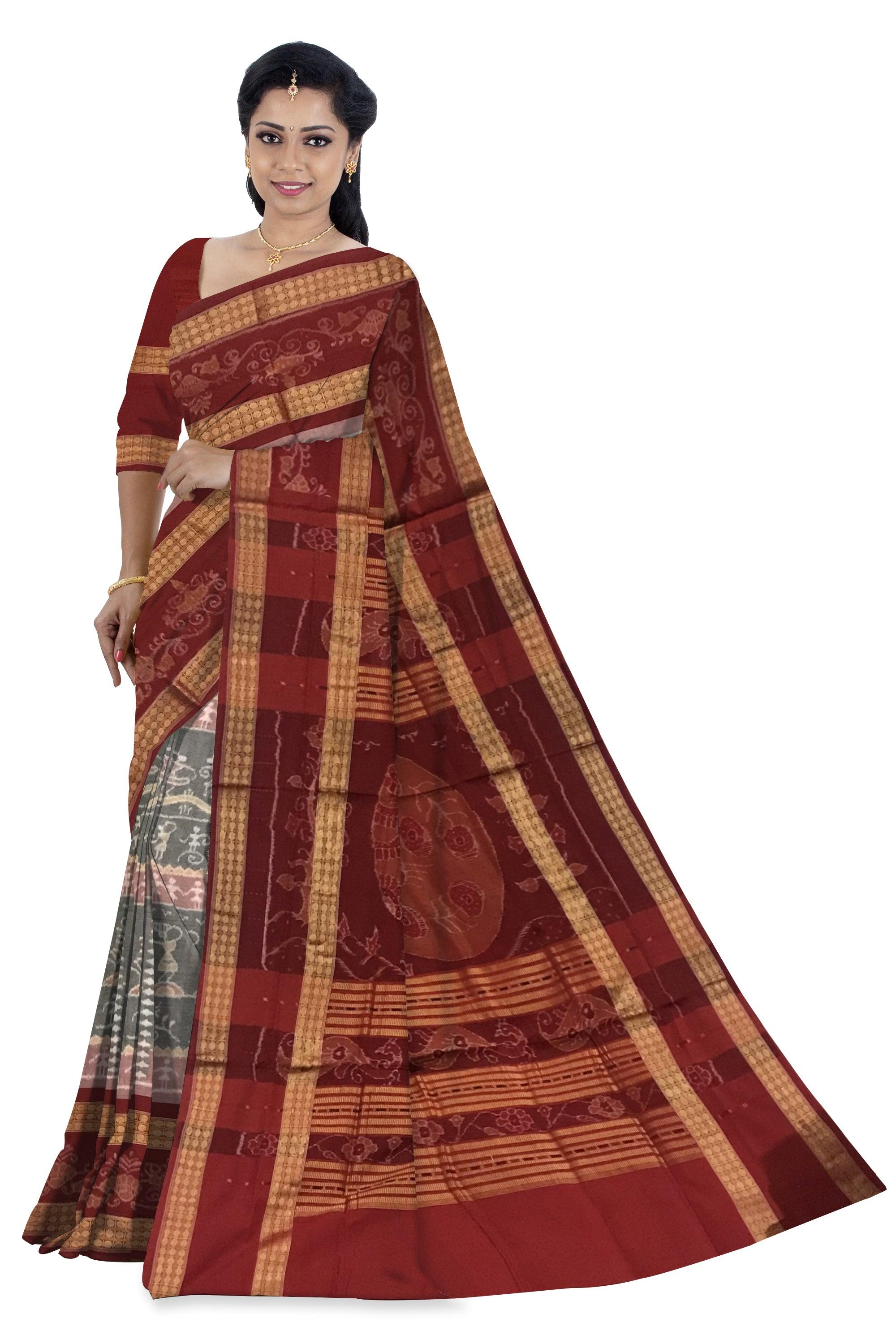 VILLAGE TERRACOTTA PATTERN SAMBALPURI COTTON SAREE IS PEACHPUFF WITH MAROON COLOR BASE, COMES EITH MATCHING BLOUSE PIECE. - Koshali Arts & Crafts Enterprise