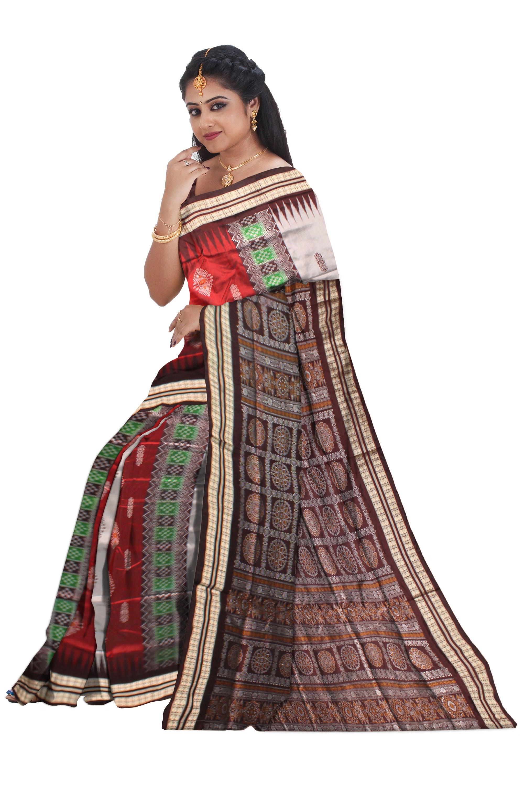 Sambalpuri Pata Saree in Maroon  and Silver Color with Pasapali design. - Koshali Arts & Crafts Enterprise