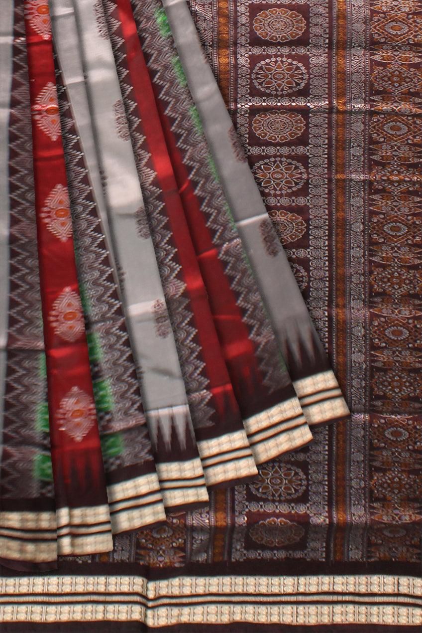 Sambalpuri Pata Saree in Maroon  and Silver Color with Pasapali design. - Koshali Arts & Crafts Enterprise