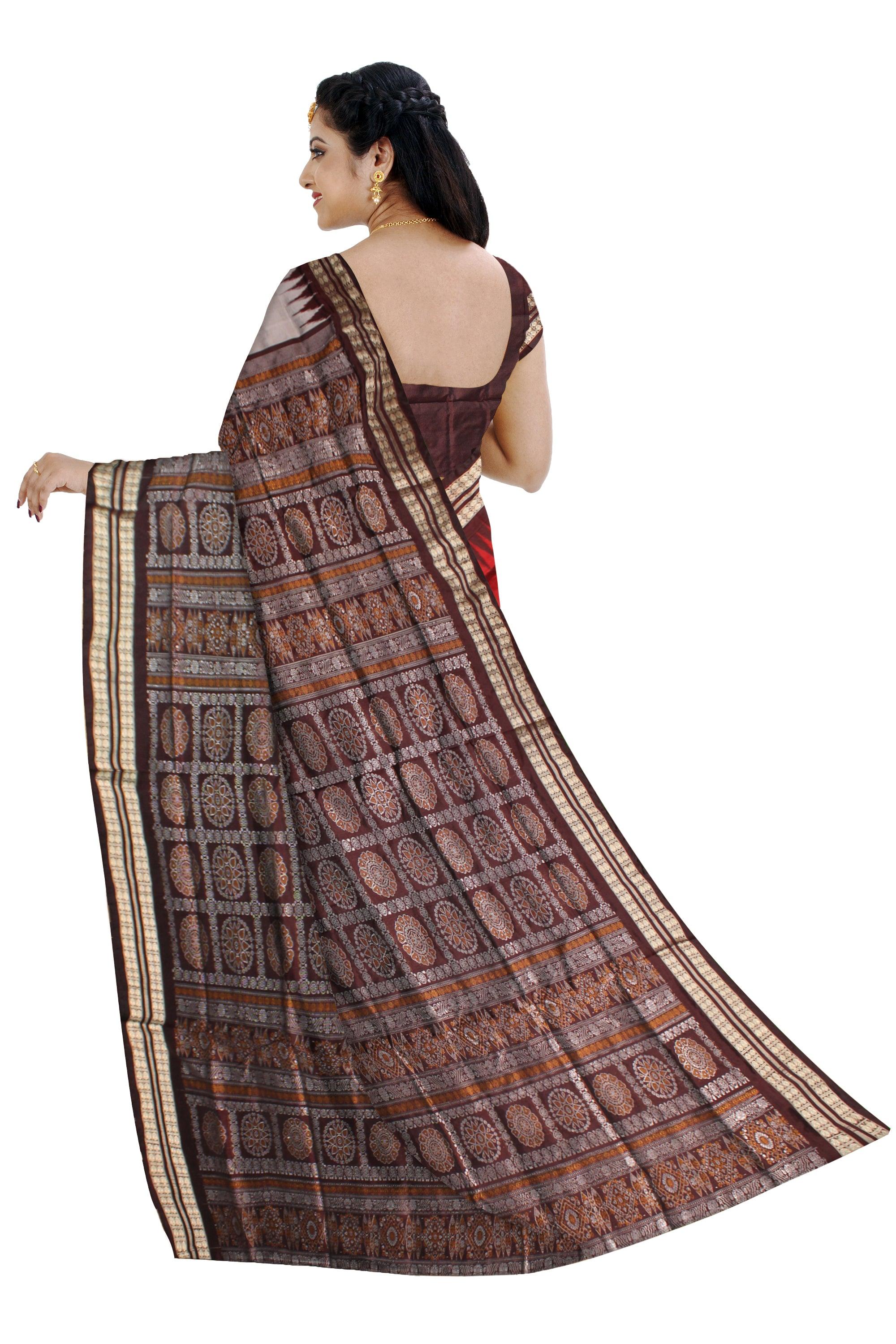 Sambalpuri Pata Saree in Maroon  and Silver Color with Pasapali design. - Koshali Arts & Crafts Enterprise