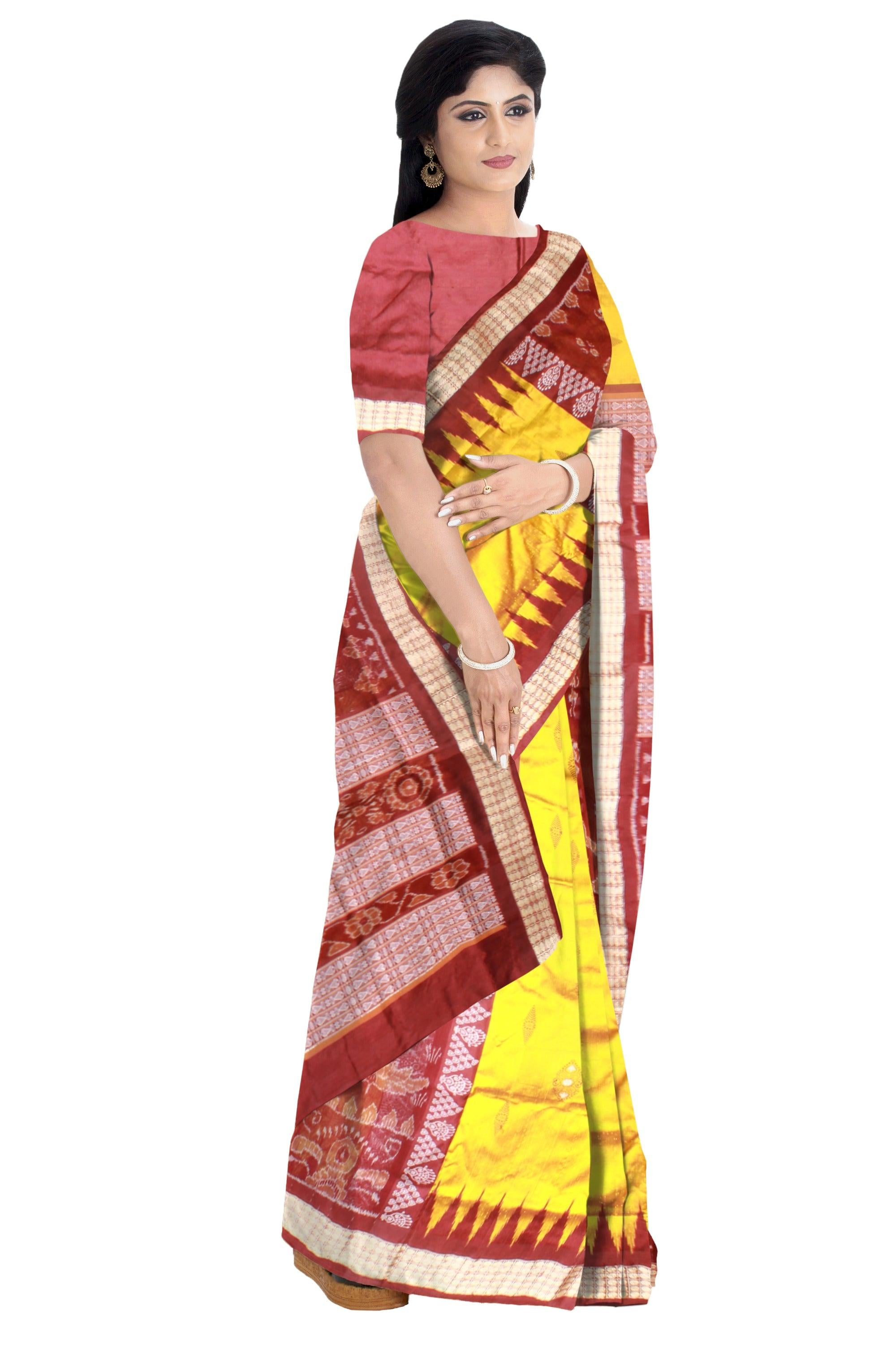 Yellow color Pata Saree with Maroon Border and Bomkai work in Body with blouse piece. - Koshali Arts & Crafts Enterprise