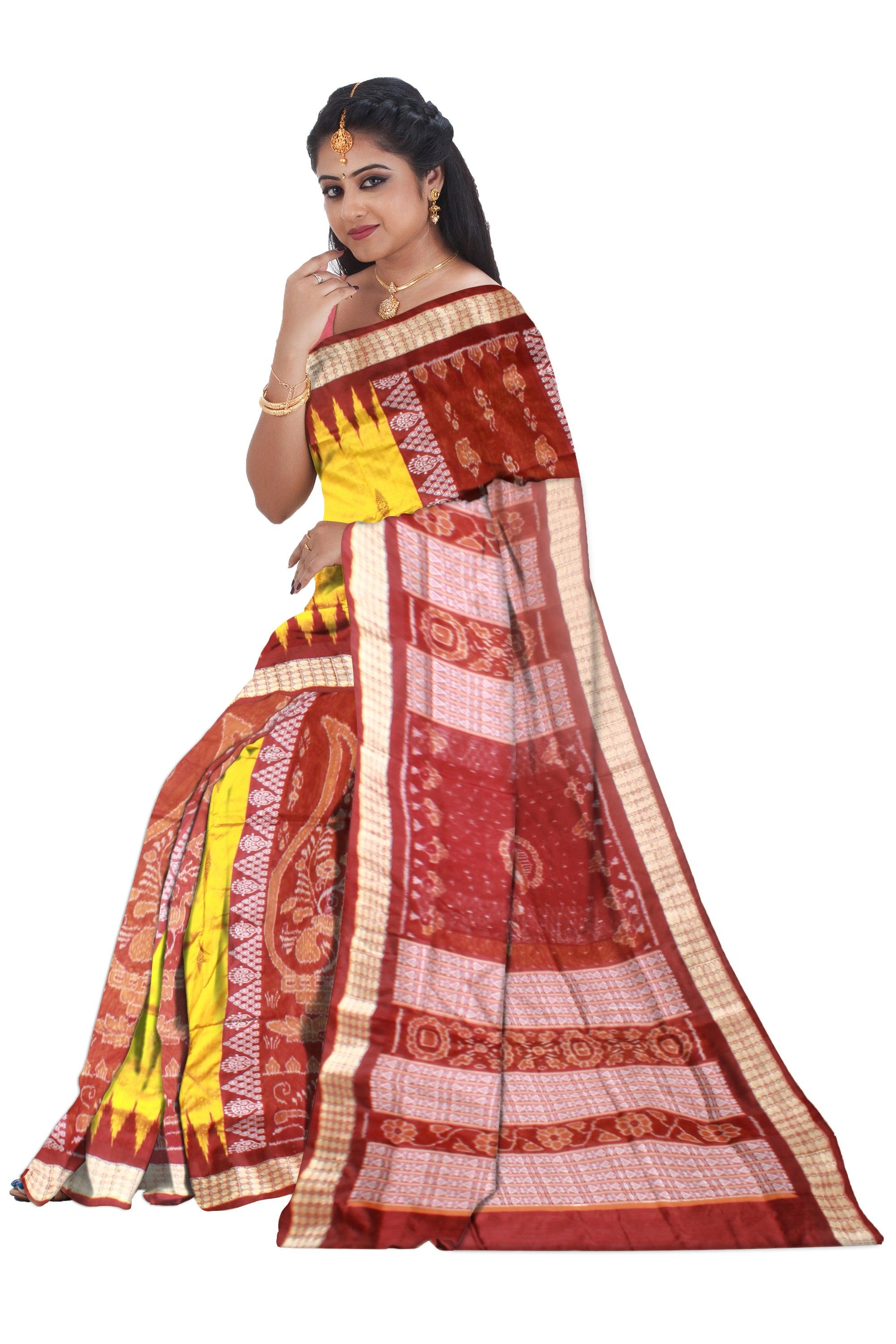 Yellow color Pata Saree with Maroon Border and Bomkai work in Body with blouse piece. - Koshali Arts & Crafts Enterprise