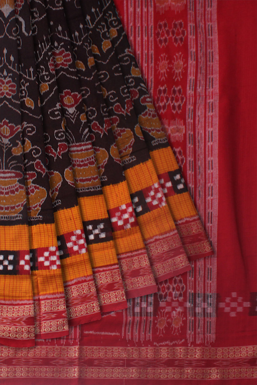 TRADITIONAL PASAPALI WITH KALASH PATTERN PURE COTTON SAREE IS COFFEE , YELLOW AND MAROON COLOR BASE.AVAILABLE WITH MATCHING BLOUSE PIECE. - Koshali Arts & Crafts Enterprise