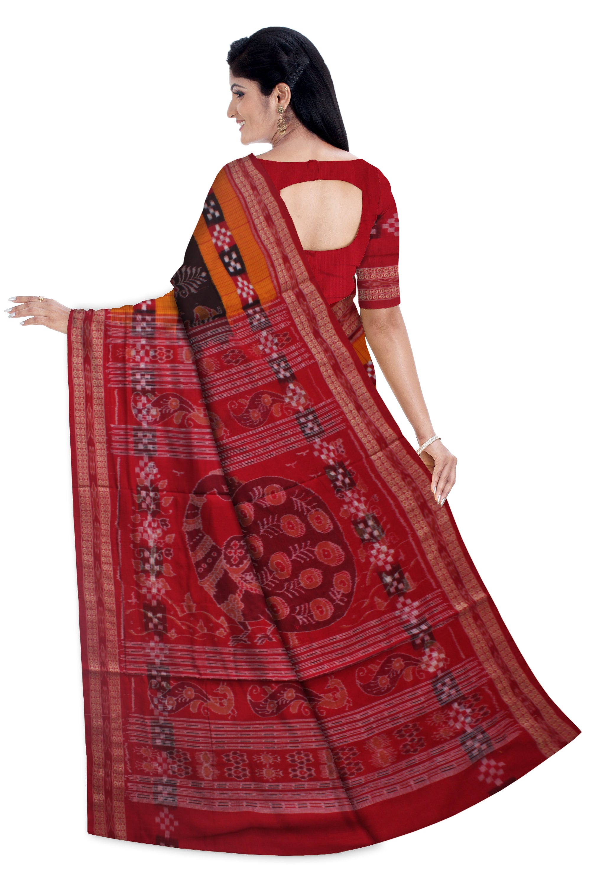 TRADITIONAL PASAPALI WITH KALASH PATTERN PURE COTTON SAREE IS COFFEE , YELLOW AND MAROON COLOR BASE.AVAILABLE WITH MATCHING BLOUSE PIECE. - Koshali Arts & Crafts Enterprise