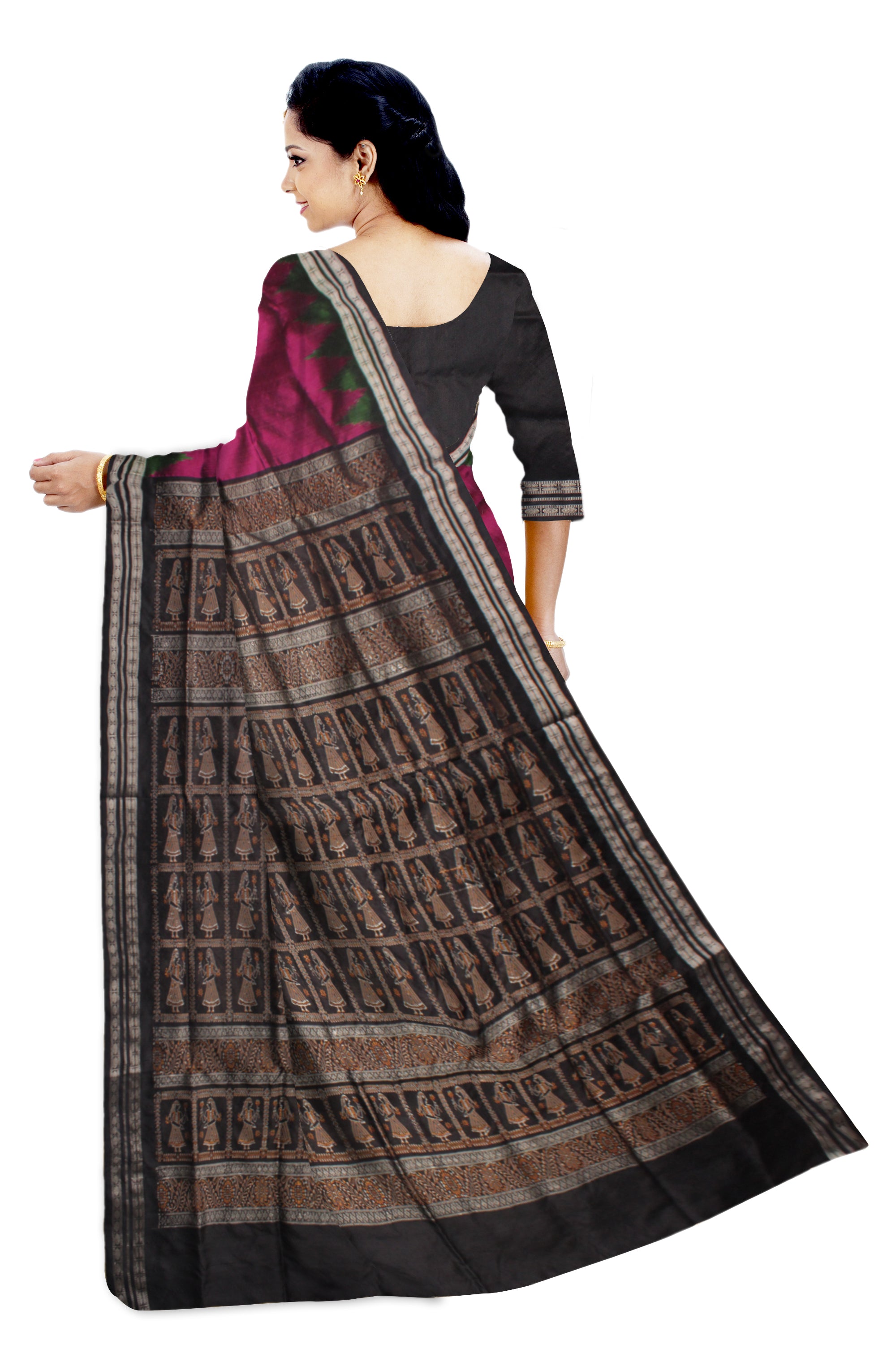 PALLU WITH  WHOLE BODY DOLL PRINT PATTERN PATA SAREE IS PINK ,GREEN  AND BLACK COLOR BASE,WITH MATCHING BLOUSE PIECE. - Koshali Arts & Crafts Enterprise