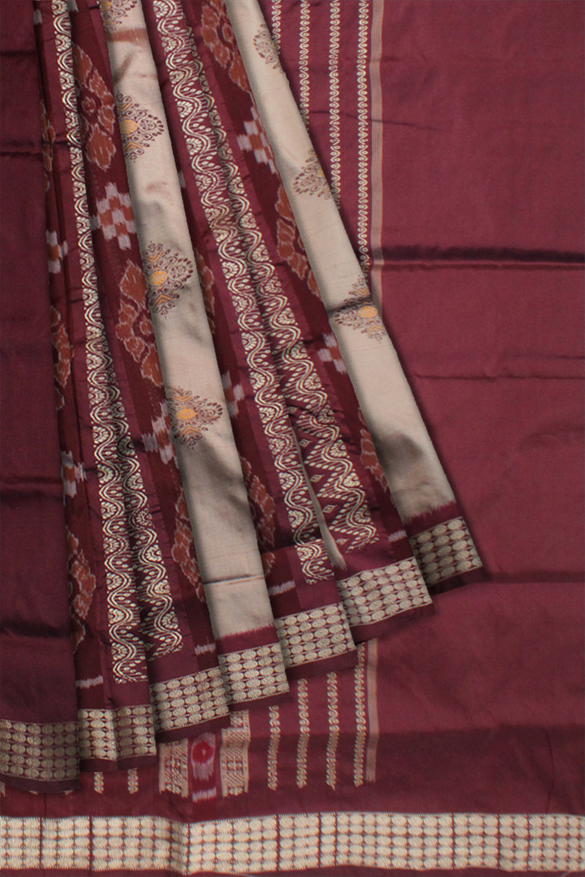 TRADITIONAL PASAPALI WITH BOMKEI PATTERN PATLI PATA SAREE IS SILVER AND COFFEE COLOR BASE,AVAILABLE WITH MATCHING BLOUSE PIECE. - Koshali Arts & Crafts Enterprise