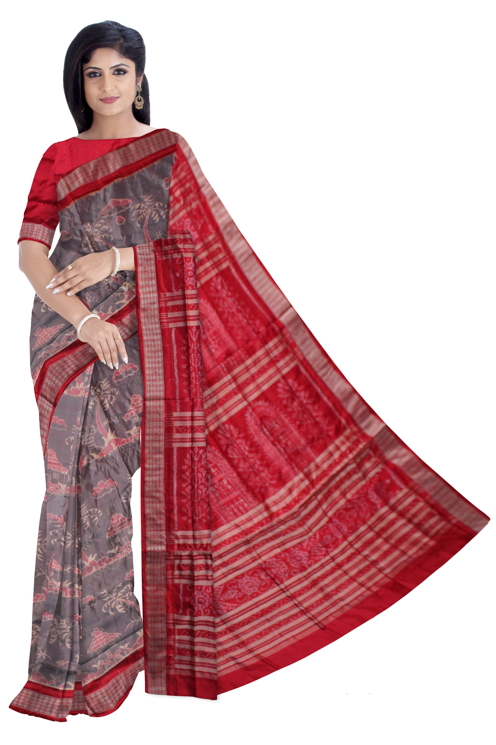 Grey and Red Block printed Supernet Kota saree With Mirror Work|Desically  Ethnic