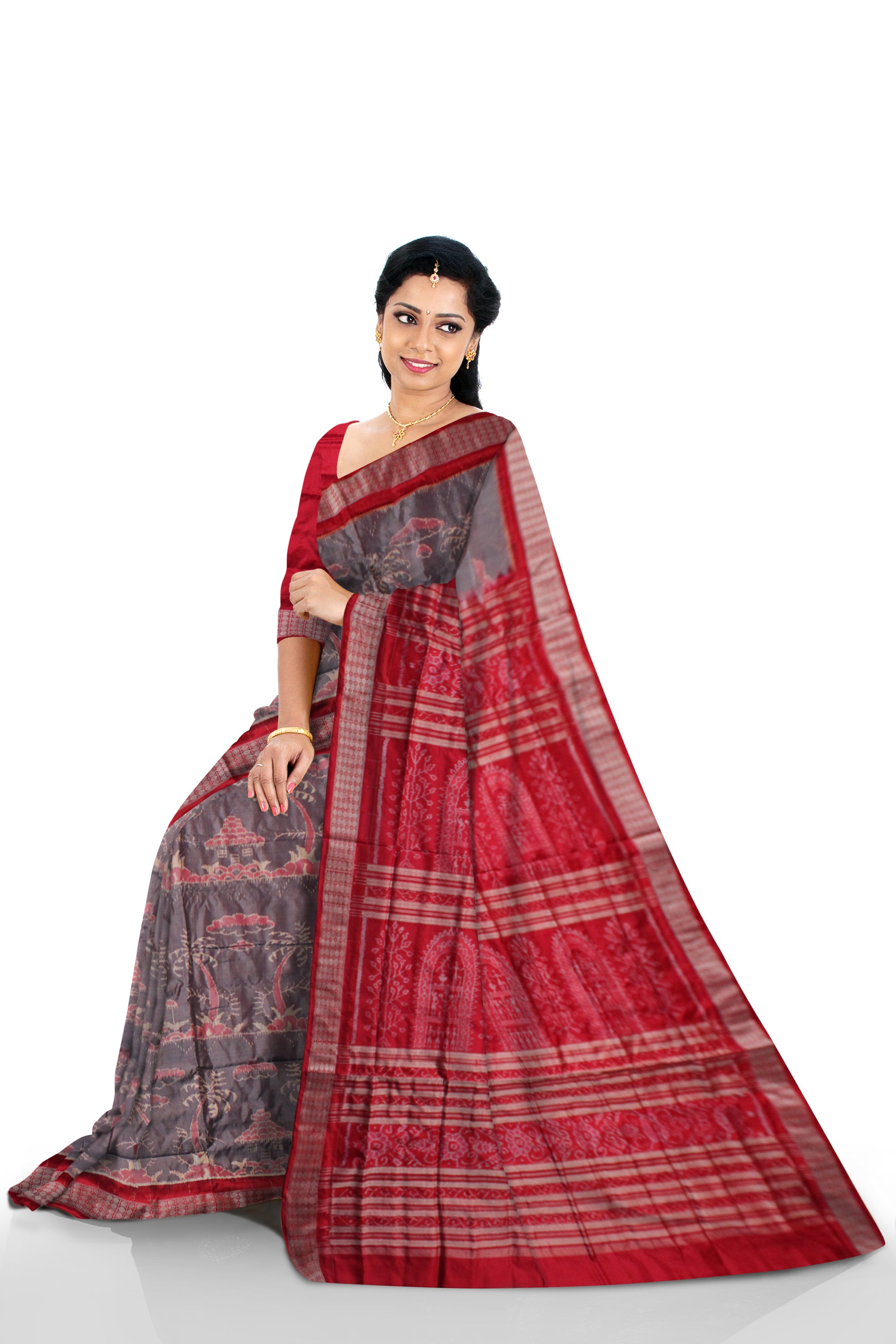 SMALL HOUSE AND TREE PATTERN PURE SILK SAREE IS GREY AND RED COLOR BASE,AVAILABLE WITH MATCHING BLOUSE PIECE. - Koshali Arts & Crafts Enterprise