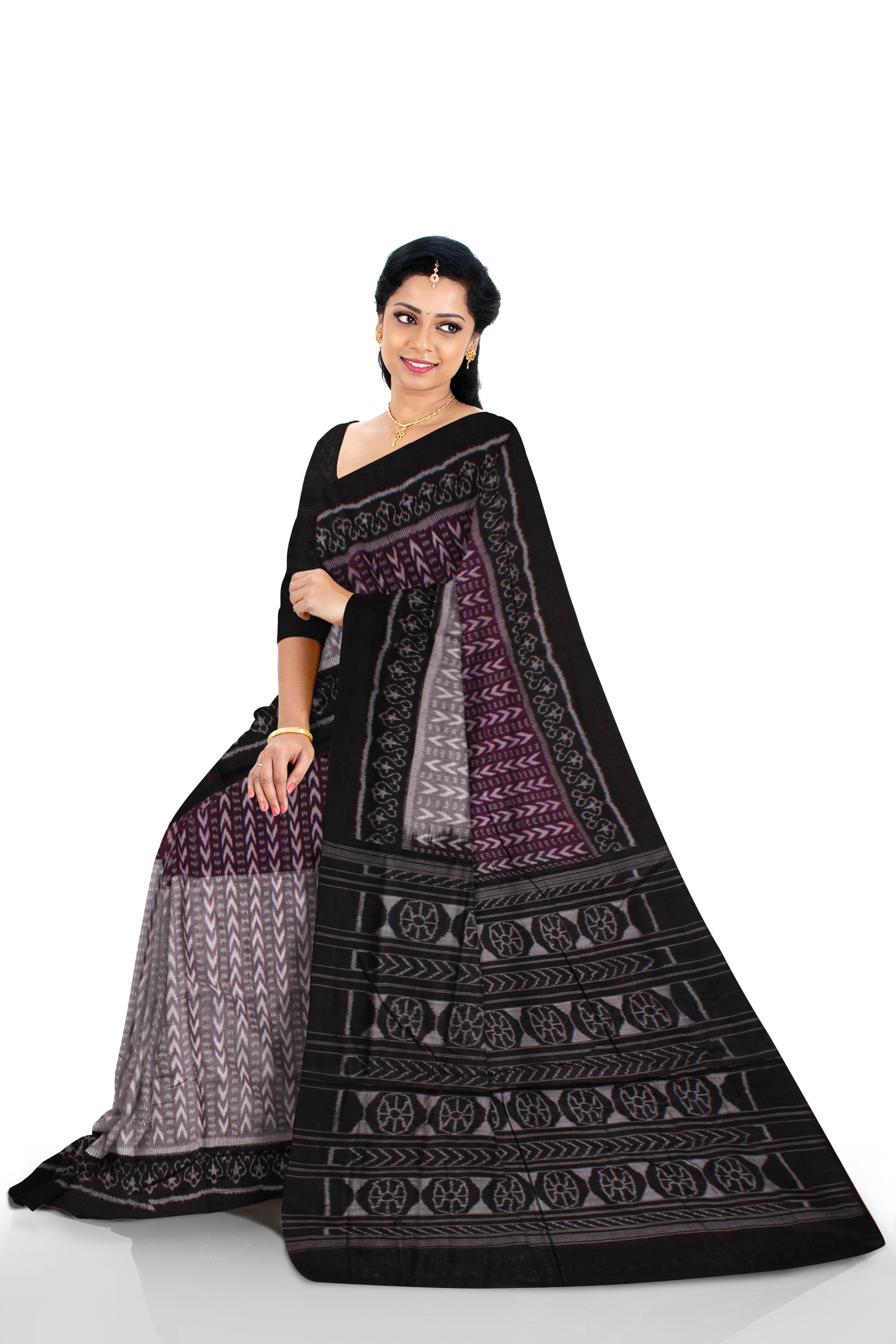 TRADITIONAL SAMBALPURI IKAT PATTERN COTTON SAREE IS GREY,COFFEE AND BLACK COLOR BASE,WITH MATCHING BLOUSE PIECE. - Koshali Arts & Crafts Enterprise