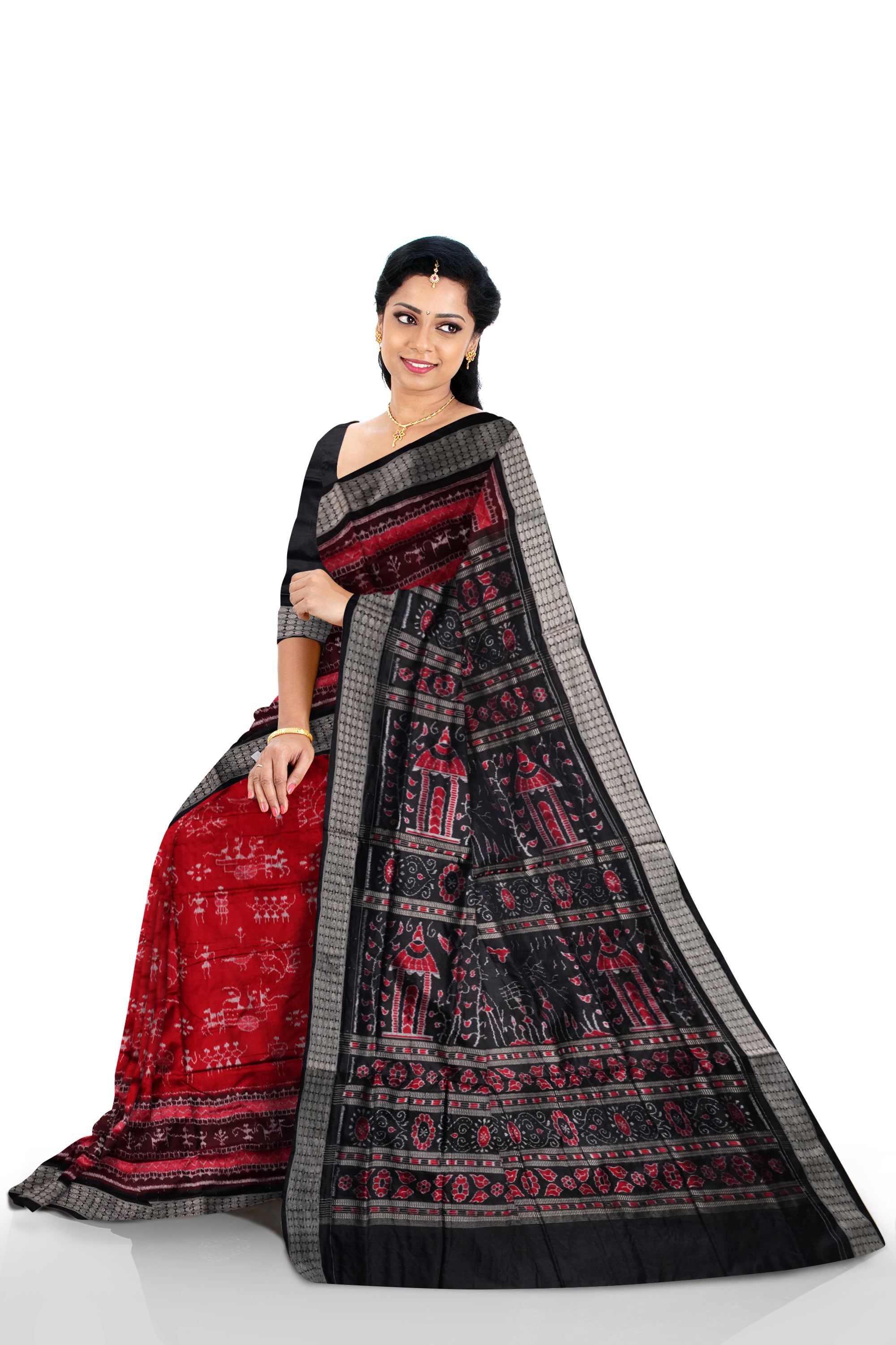 Red and black color terracotta pattern pure silk saree. - Koshali Arts & Crafts Enterprise