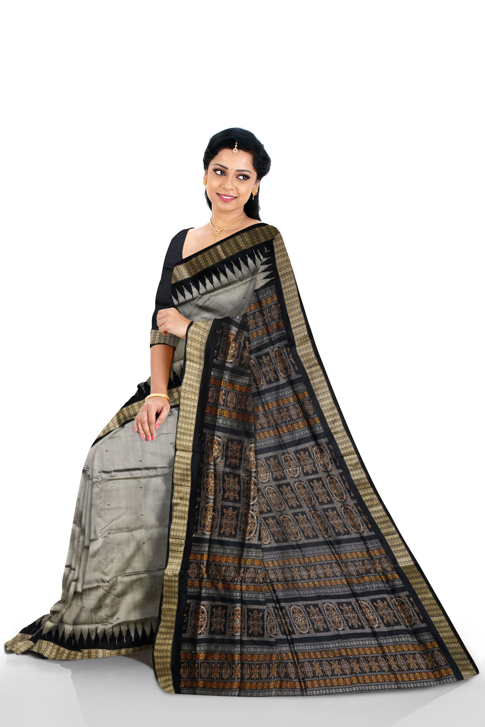 Silver-coffee & black color plain Pata saree. - Koshali Arts & Crafts Enterprise