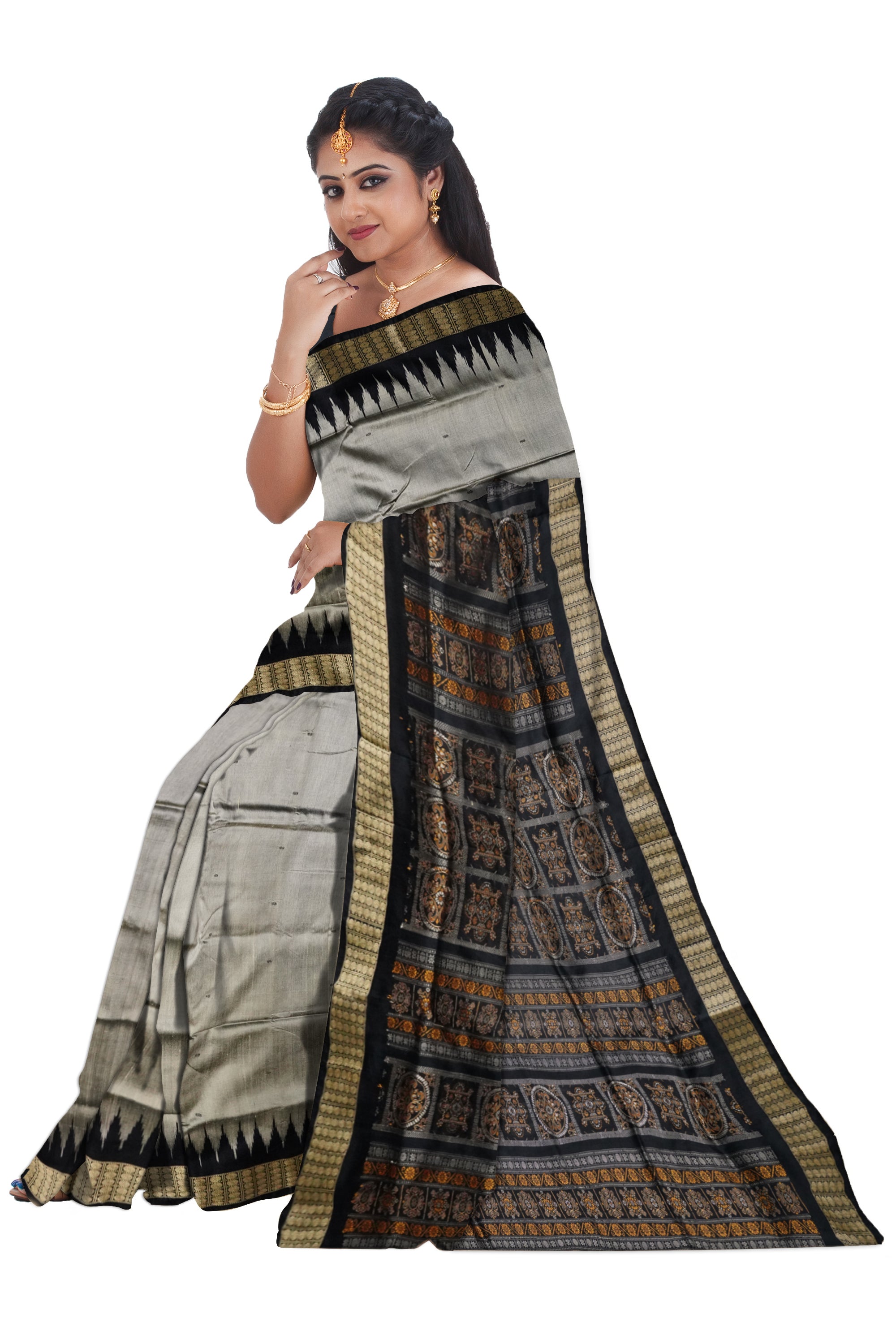 Silver-coffee & black color plain Pata saree. - Koshali Arts & Crafts Enterprise