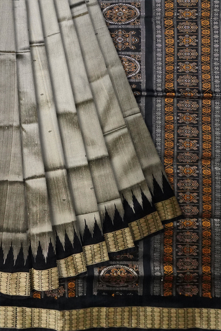 Silver-coffee & black color plain Pata saree. - Koshali Arts & Crafts Enterprise