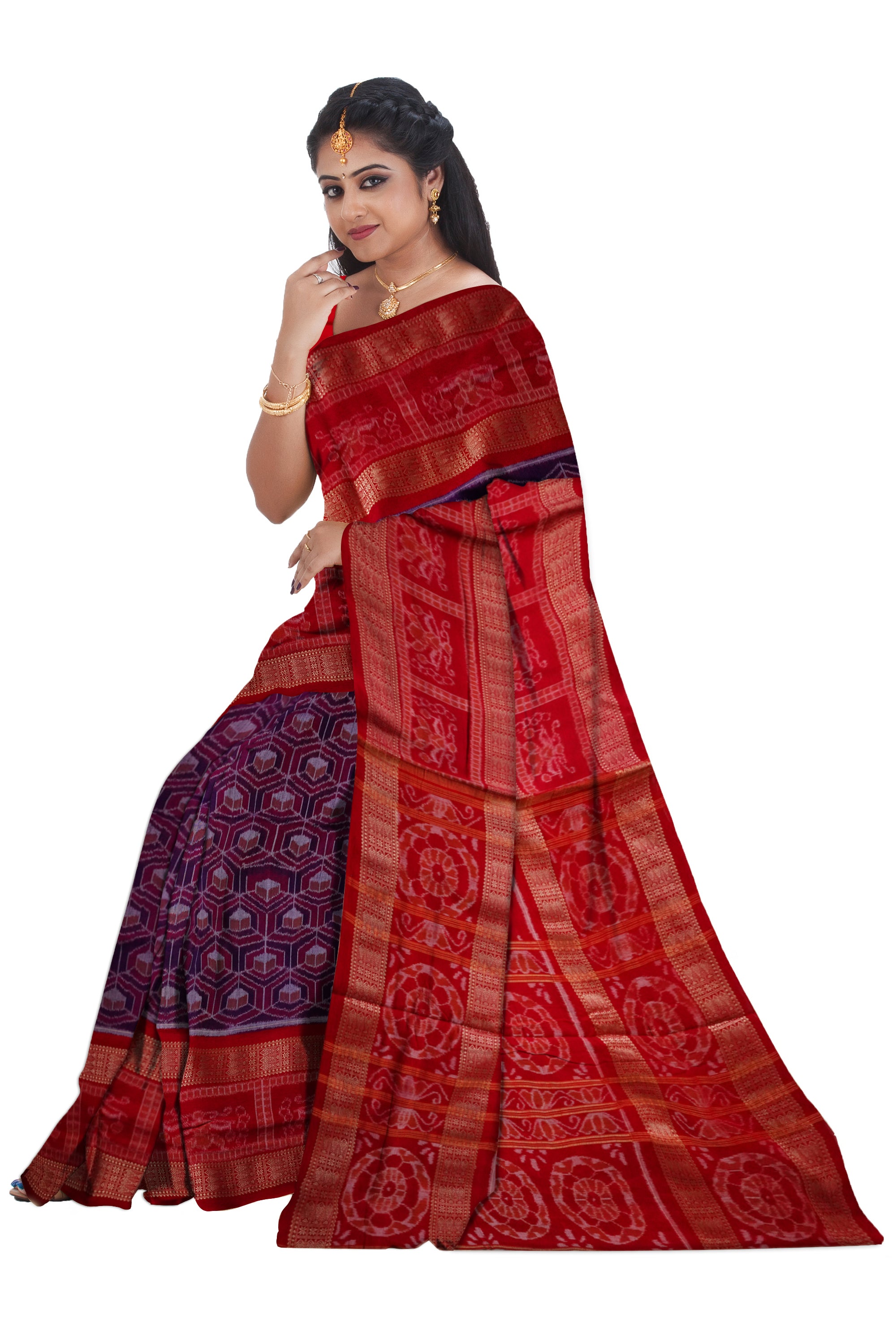 Peach Bengal Cotton Saree with all-over thread buttas, contrast big border  of paisley & leaf & pallu of stripes