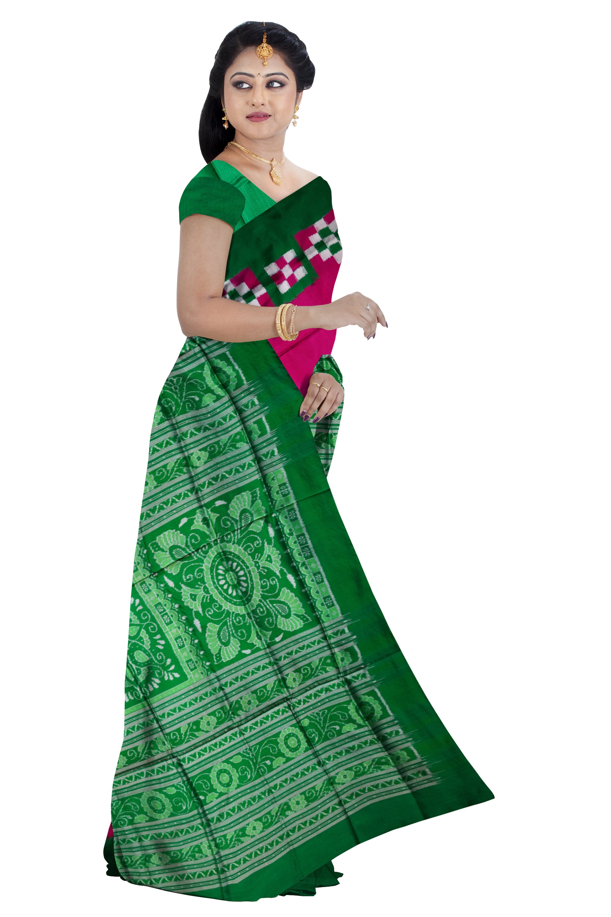 Plain border dhadi pasapali pure pata saree is pink and green color. - Koshali Arts & Crafts Enterprise