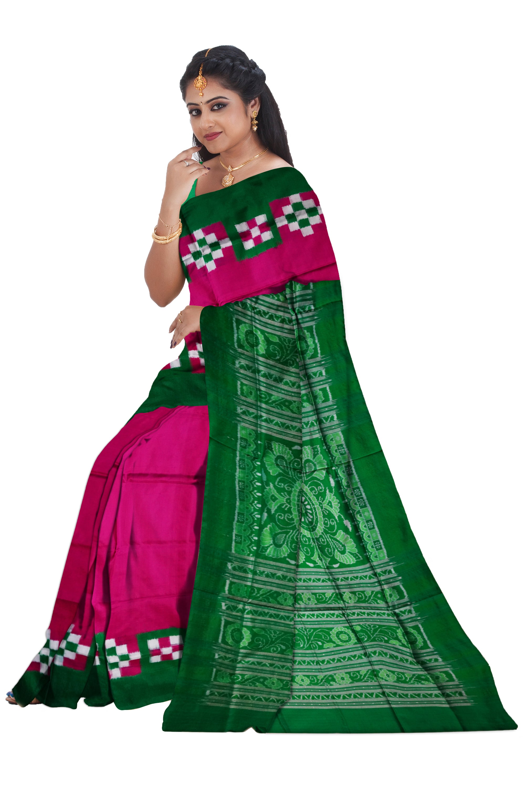 Plain border dhadi pasapali pure pata saree is pink and green color. - Koshali Arts & Crafts Enterprise