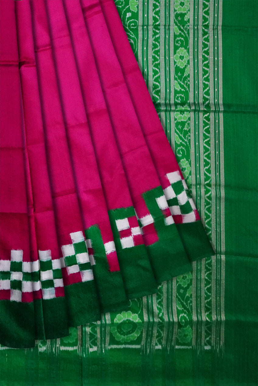 Plain border dhadi pasapali pure pata saree is pink and green color. - Koshali Arts & Crafts Enterprise