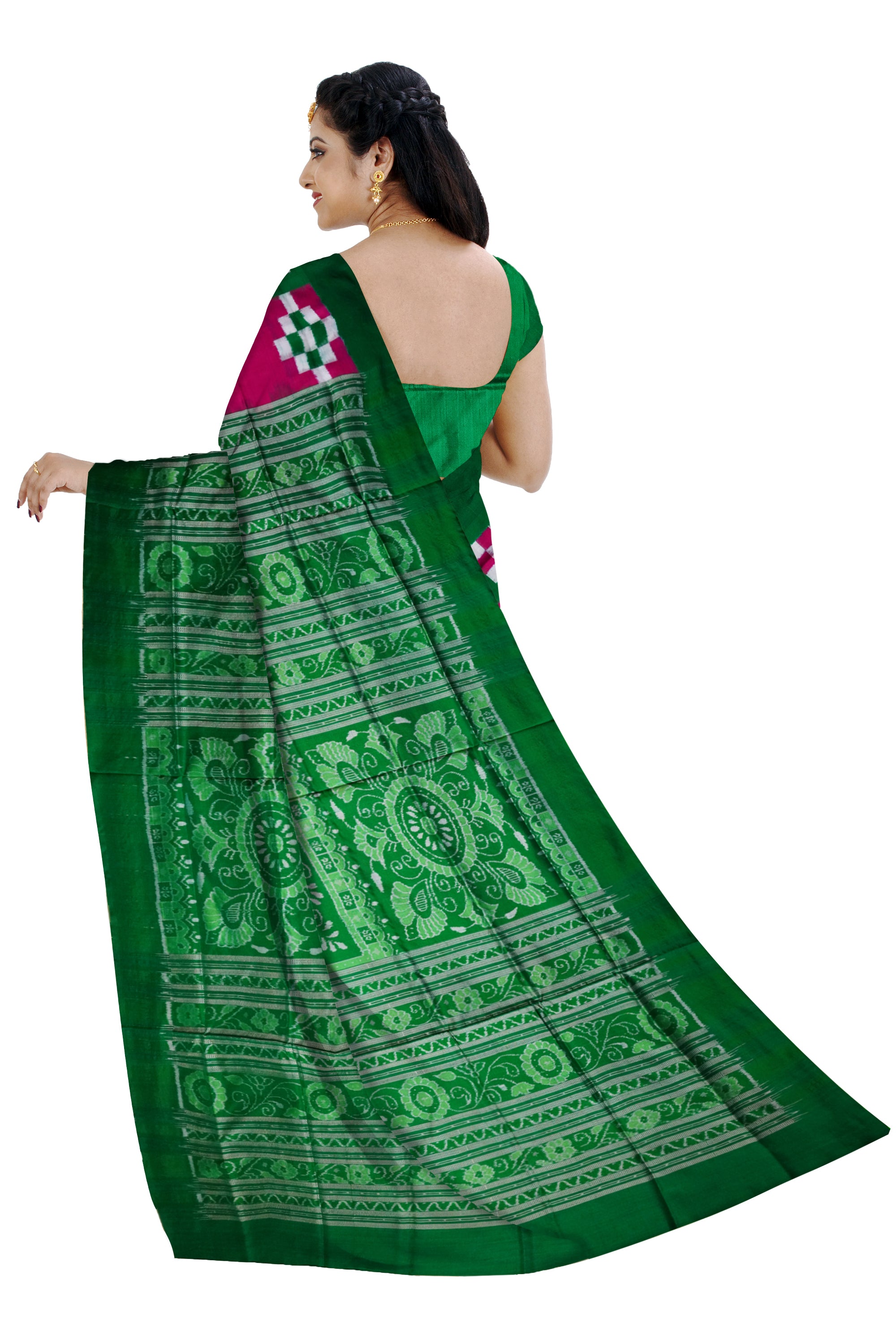 Plain border dhadi pasapali pure pata saree is pink and green color. - Koshali Arts & Crafts Enterprise