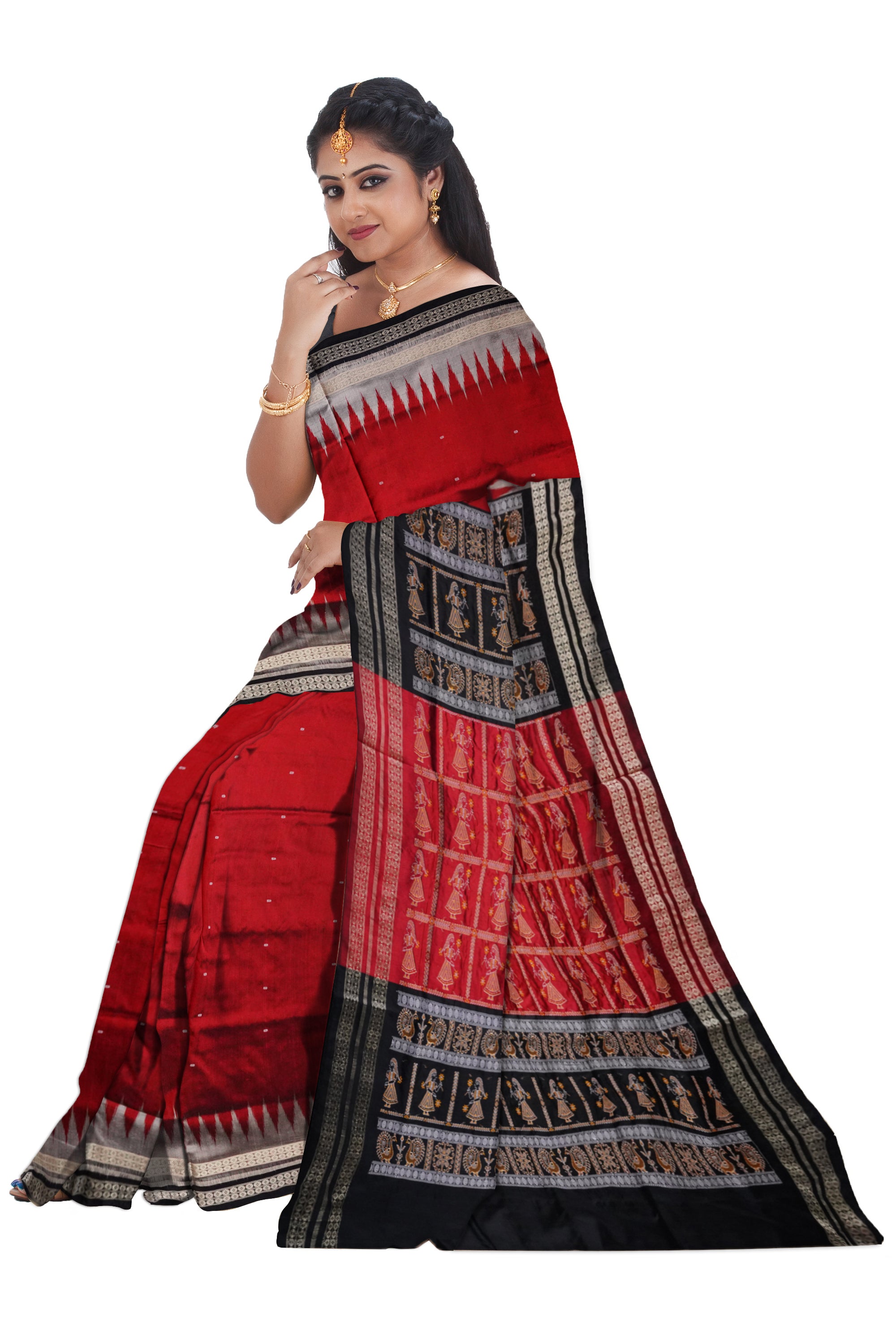 Plain bomkei pata saree is Maroon ,Black & Silver color with small booty work. - Koshali Arts & Crafts Enterprise